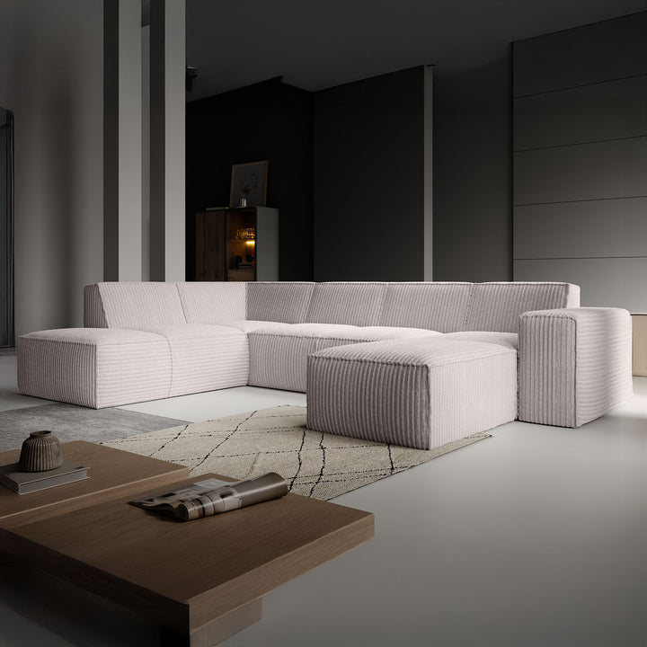 Monet XL - Hoekbank 5-zits met chaise longue - Fluffy ribstof beige - Rechts