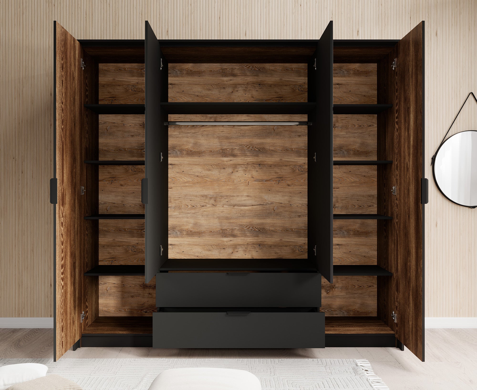 Mulvey - Kledingkast 4-deurs - Eiken/antraciet - 223x59x210 cm
