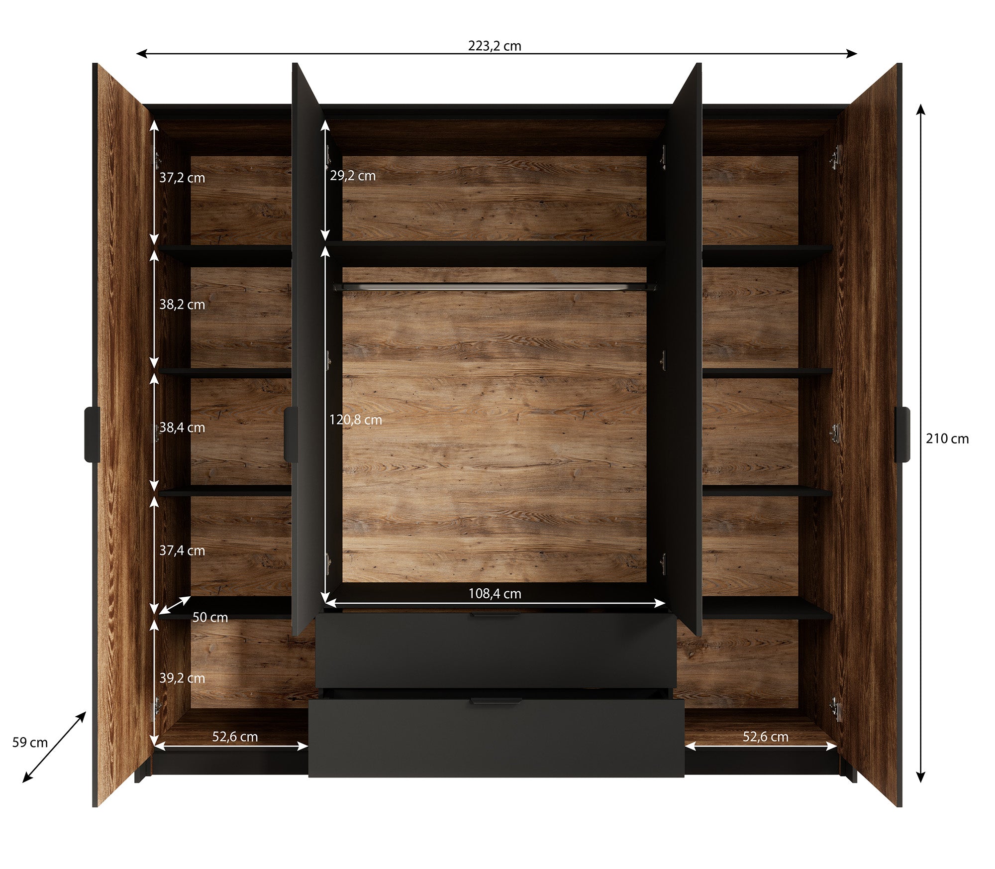 Mulvey - Kledingkast 4-deurs - Eiken/antraciet - 223x59x210 cm