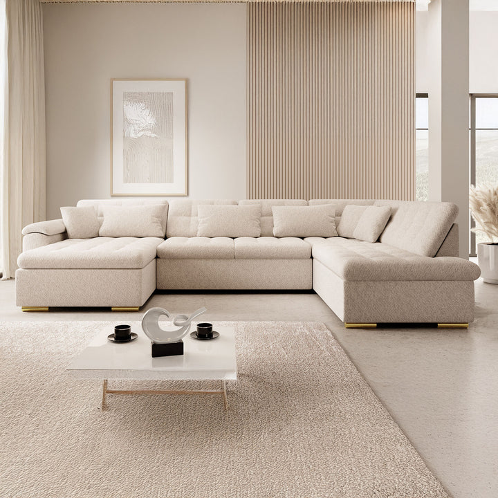 Nicoreta - Hoekbank 5-zits met chaise longue - Teddystof beige - Links