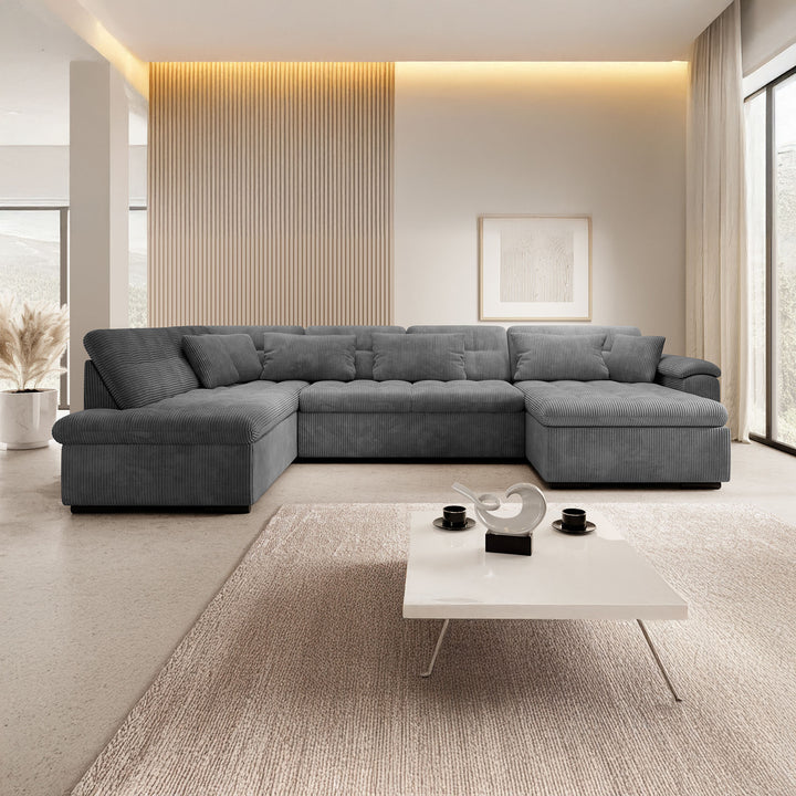 Nicoreta - Hoekbank 5-zits met chaise longue - Ribstof donkergrijs - Rechts