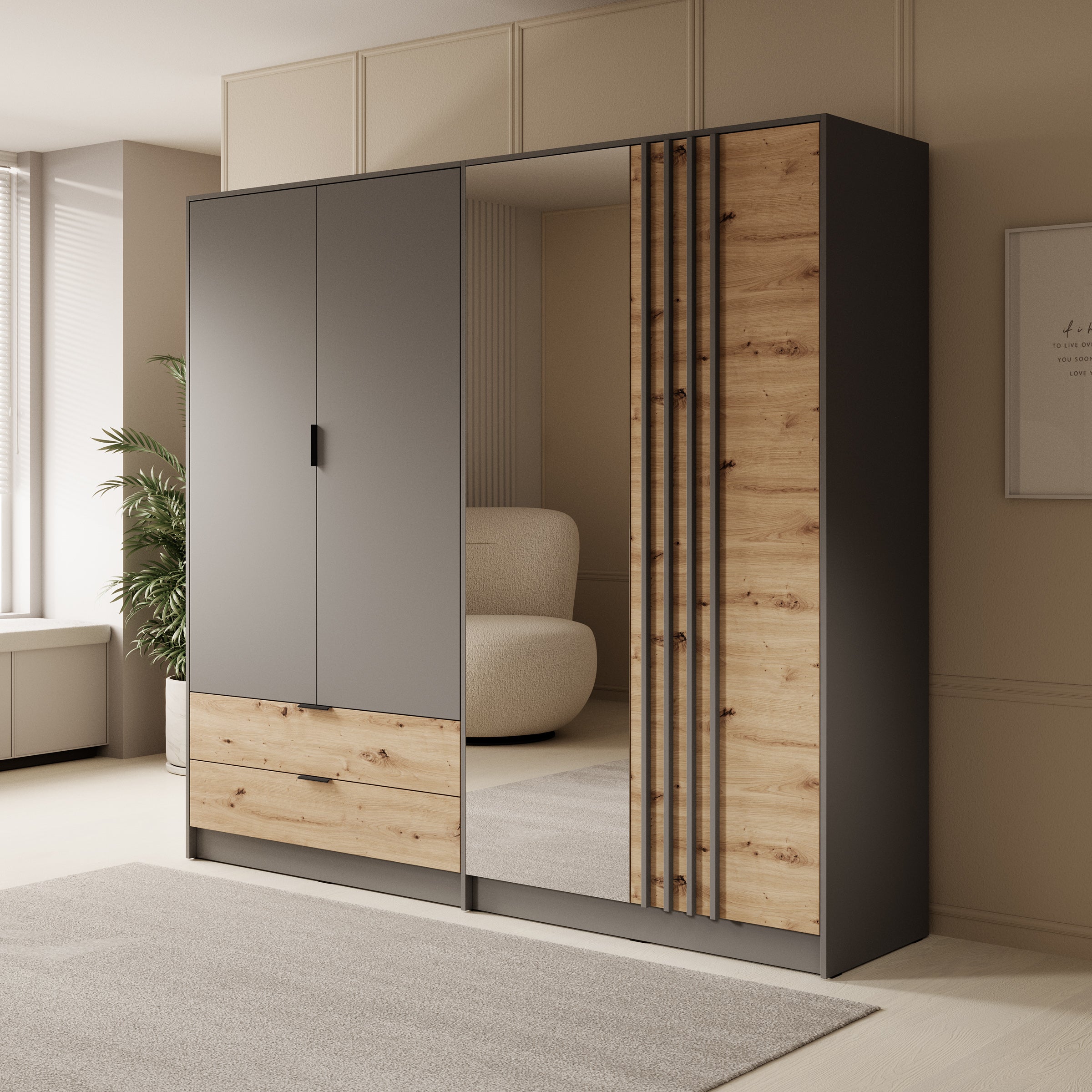 Roma - Kledingkast 4-deurs - Grijs/eiken - 221x54x203 cm