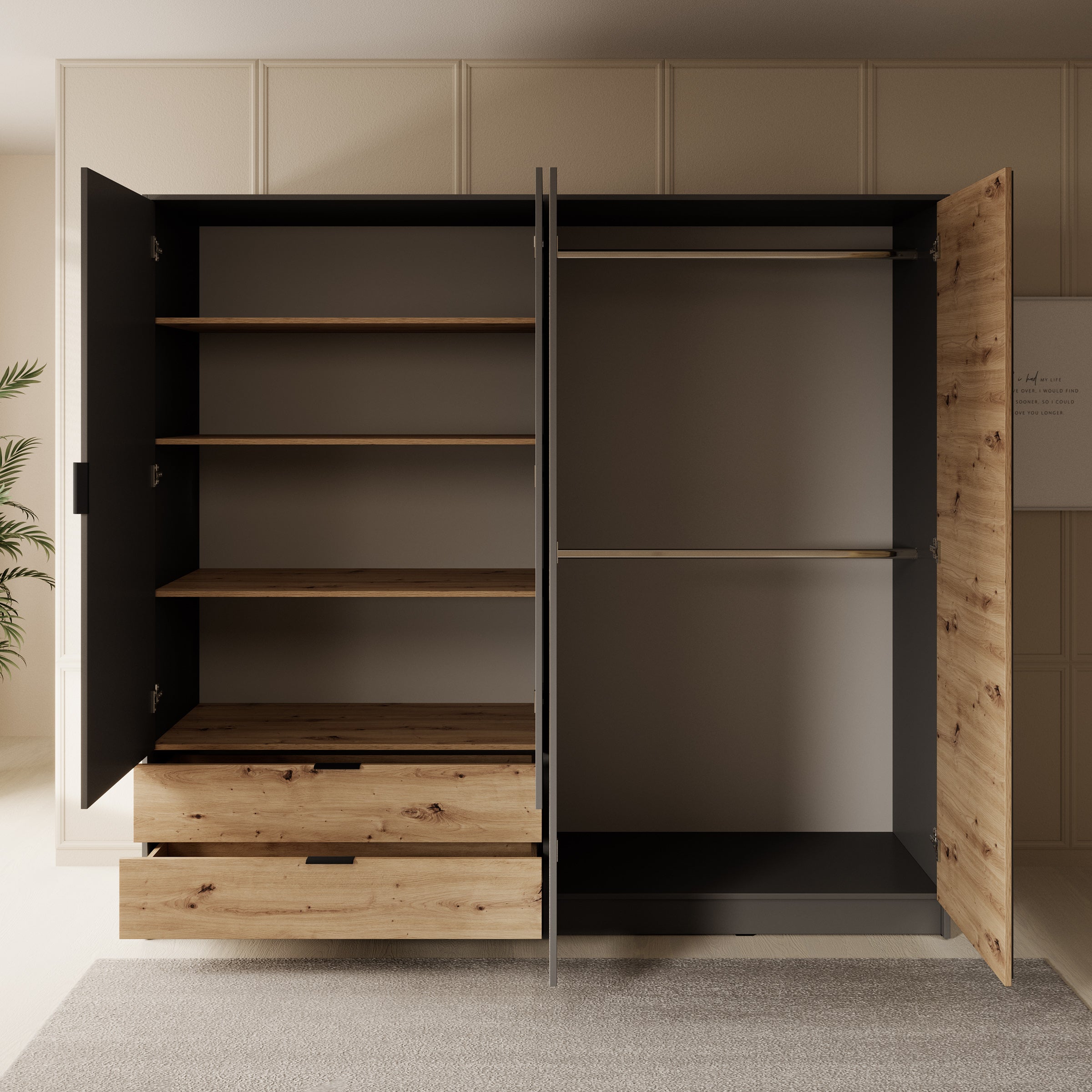 Roma - Kledingkast 4-deurs - Grijs/eiken - 221x54x203 cm