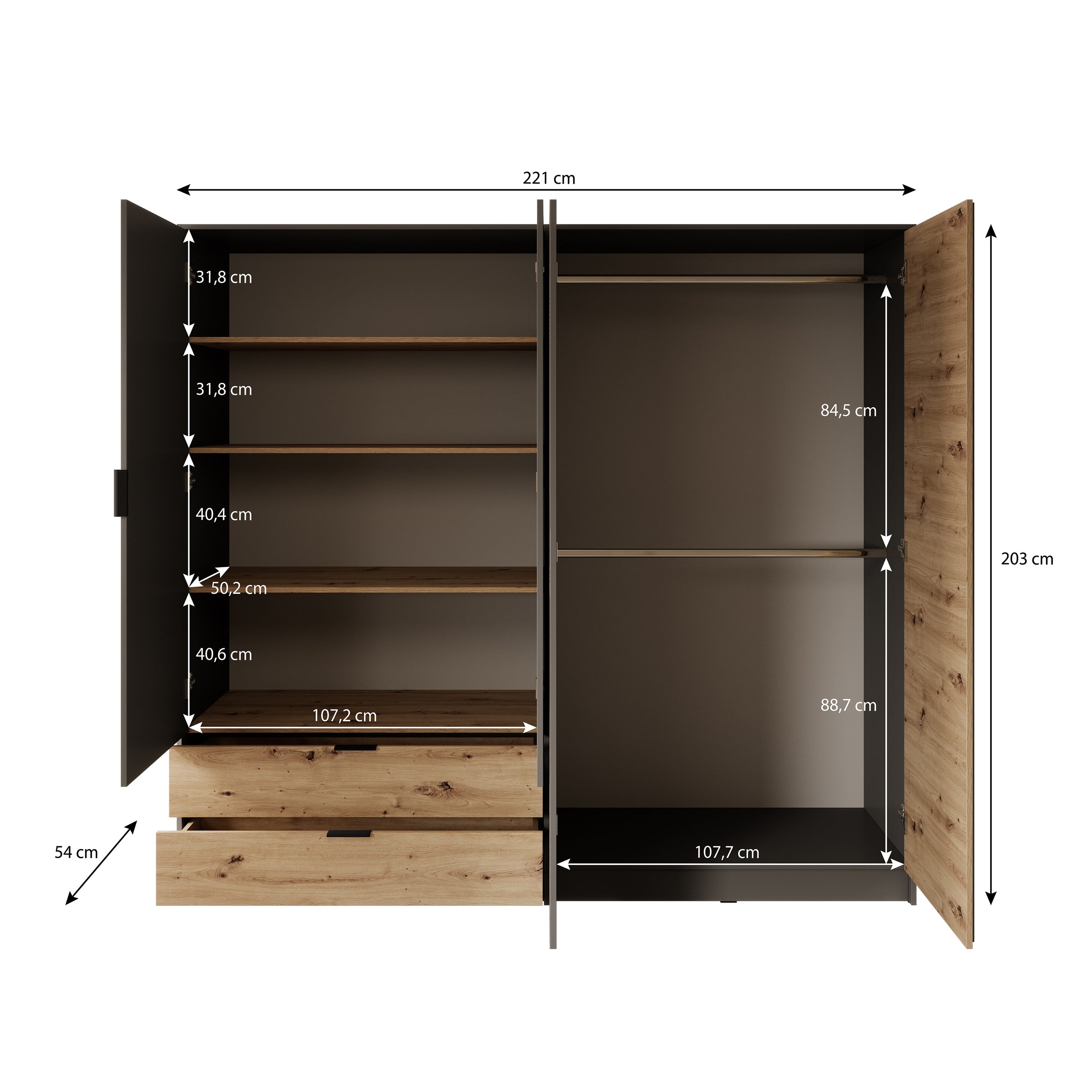Roma - Kledingkast 4-deurs - Grijs/eiken - 221x54x203 cm