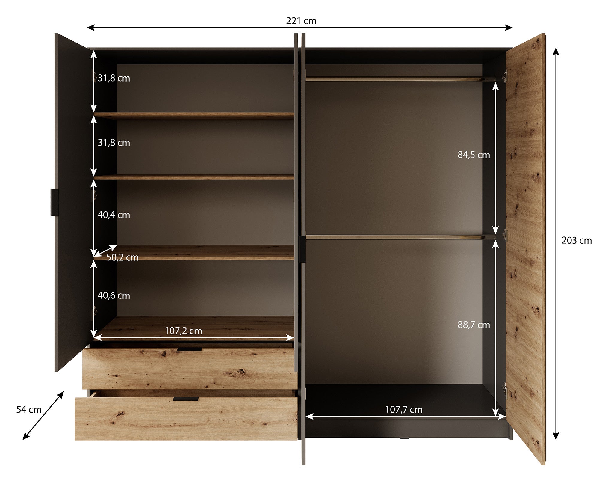 Roma - Kledingkast 4-deurs - Grijs/eiken - 221x54x203 cm