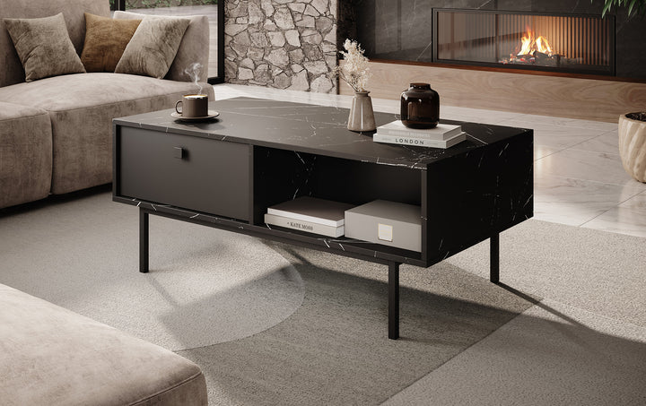 Frazer - Salontafel met 2 lades - Zwart marmerlook