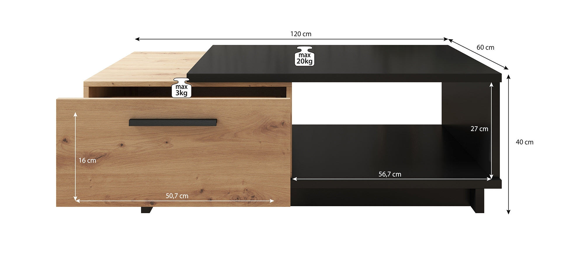 Incala - Salontafel 2 lades - Eiken/zwart