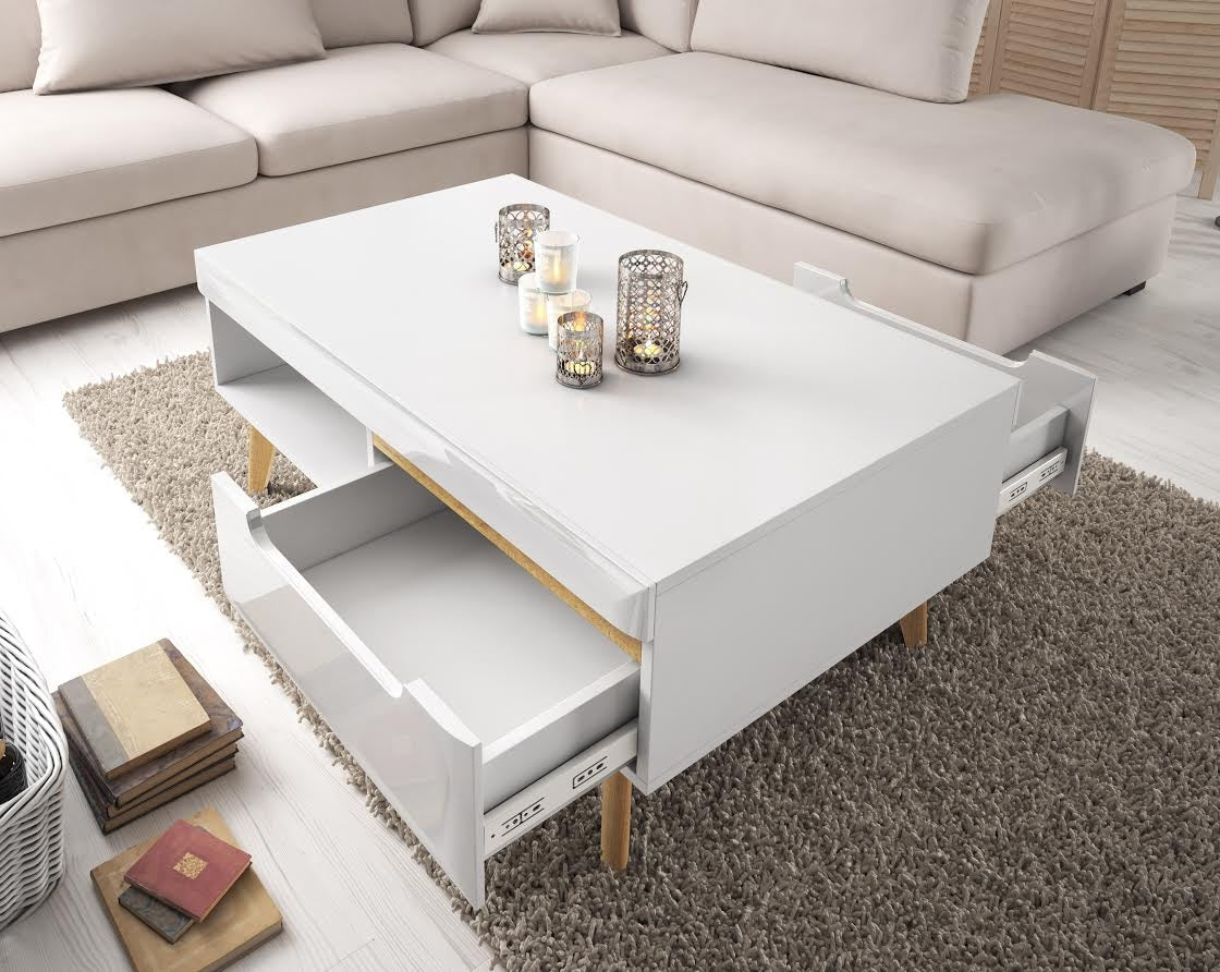 Nebraska - Salontafel 2 lades - Wit/eiken
