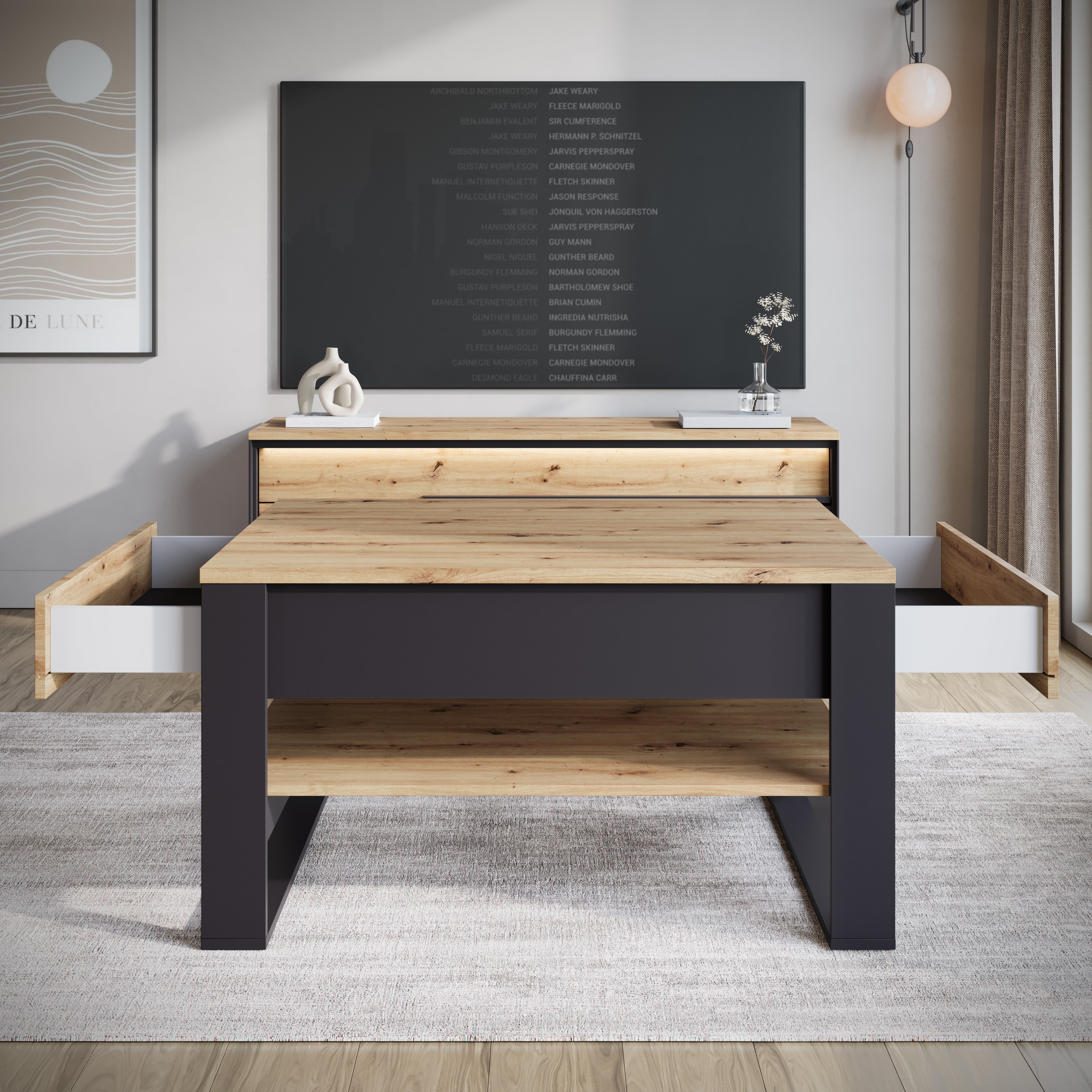 Quincy - Salontafel met 2 lades - Eiken - 100x70x55 cm