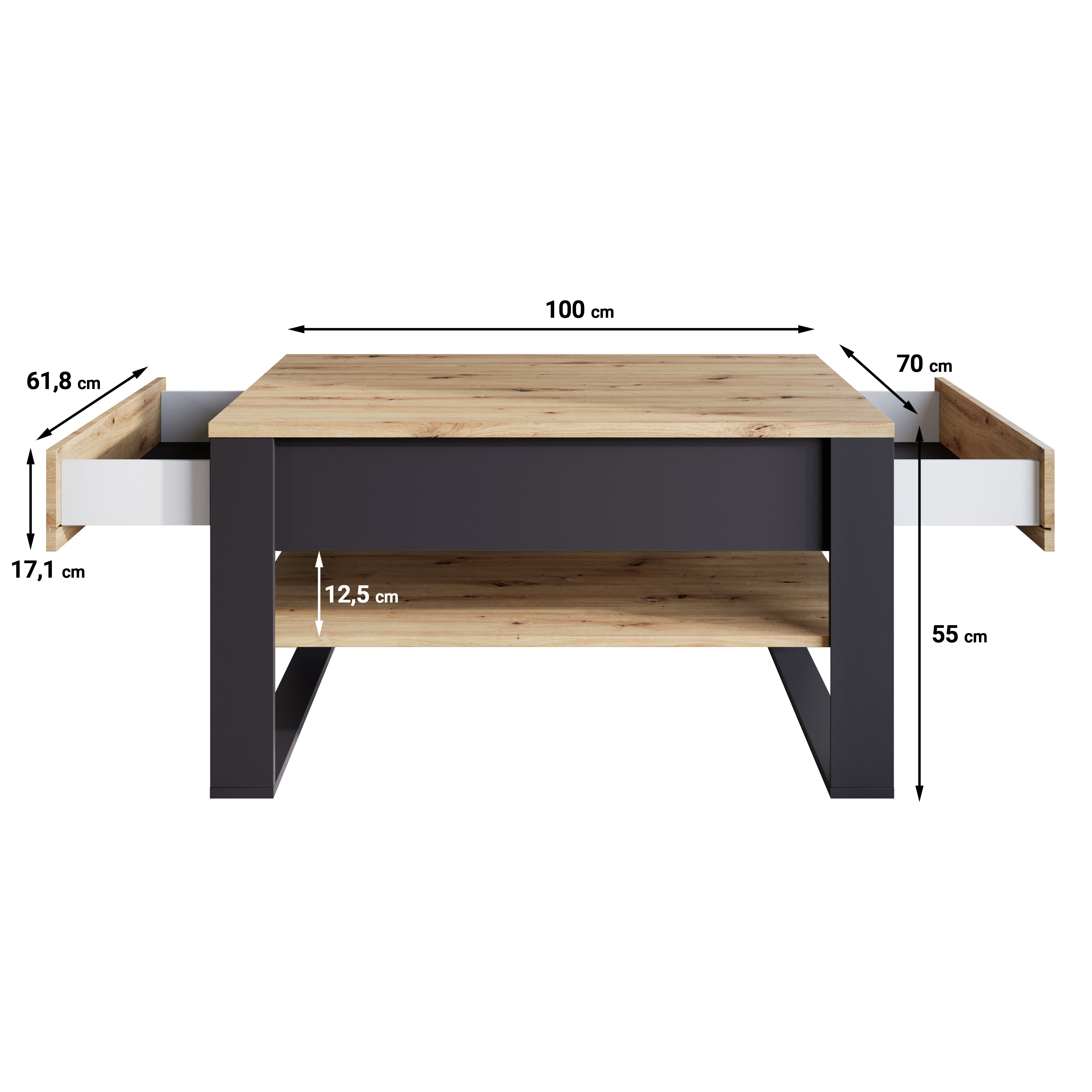 Quincy - Salontafel met 2 lades - Eiken - 100x70x55 cm