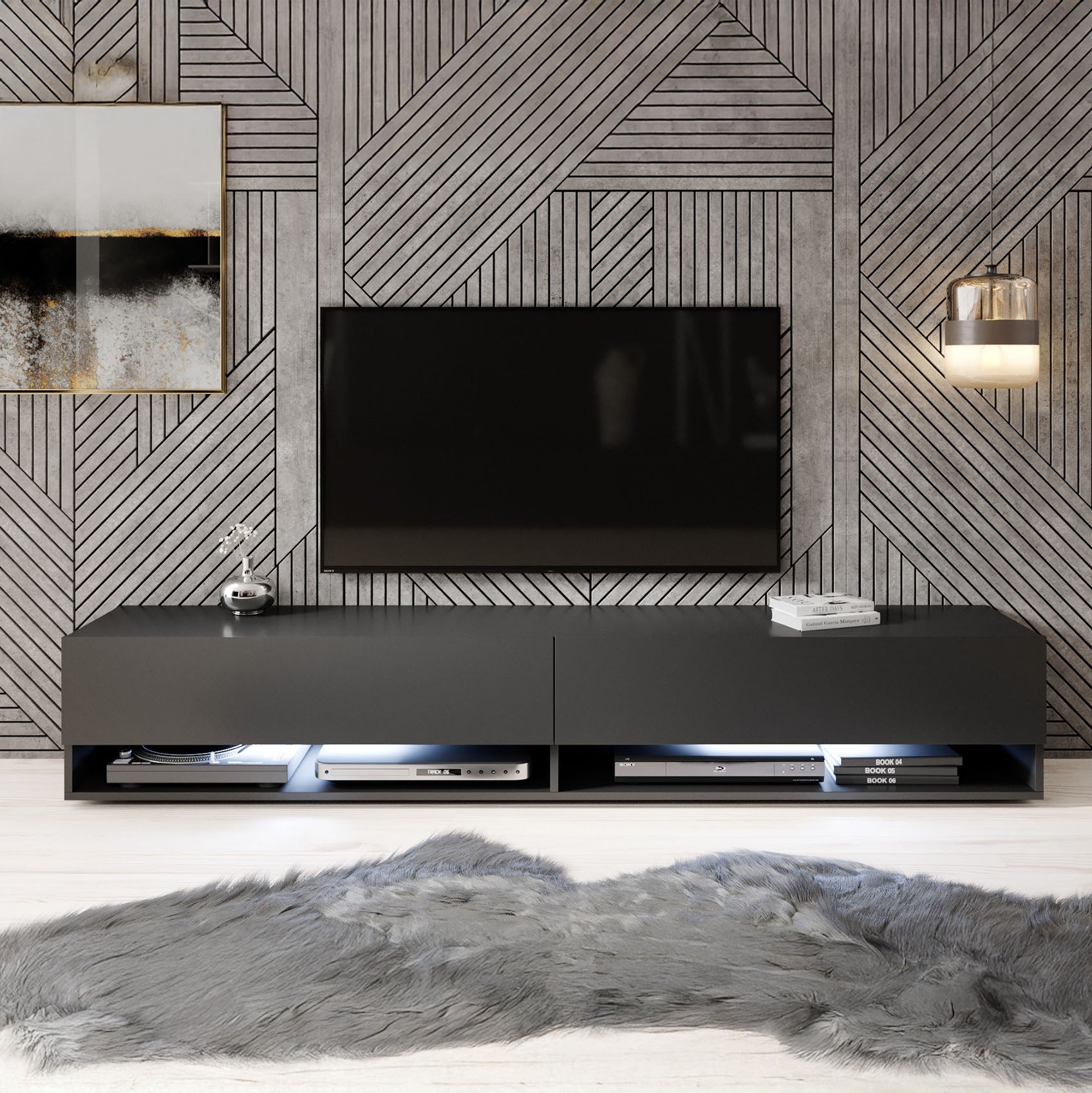 Asino - TV-Meubel met verlichting - Mat zwart - 180 cm
