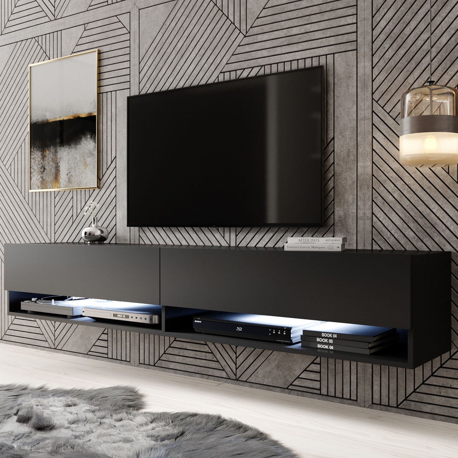 Asino - TV-Meubel met verlichting - Mat zwart - 180 cm