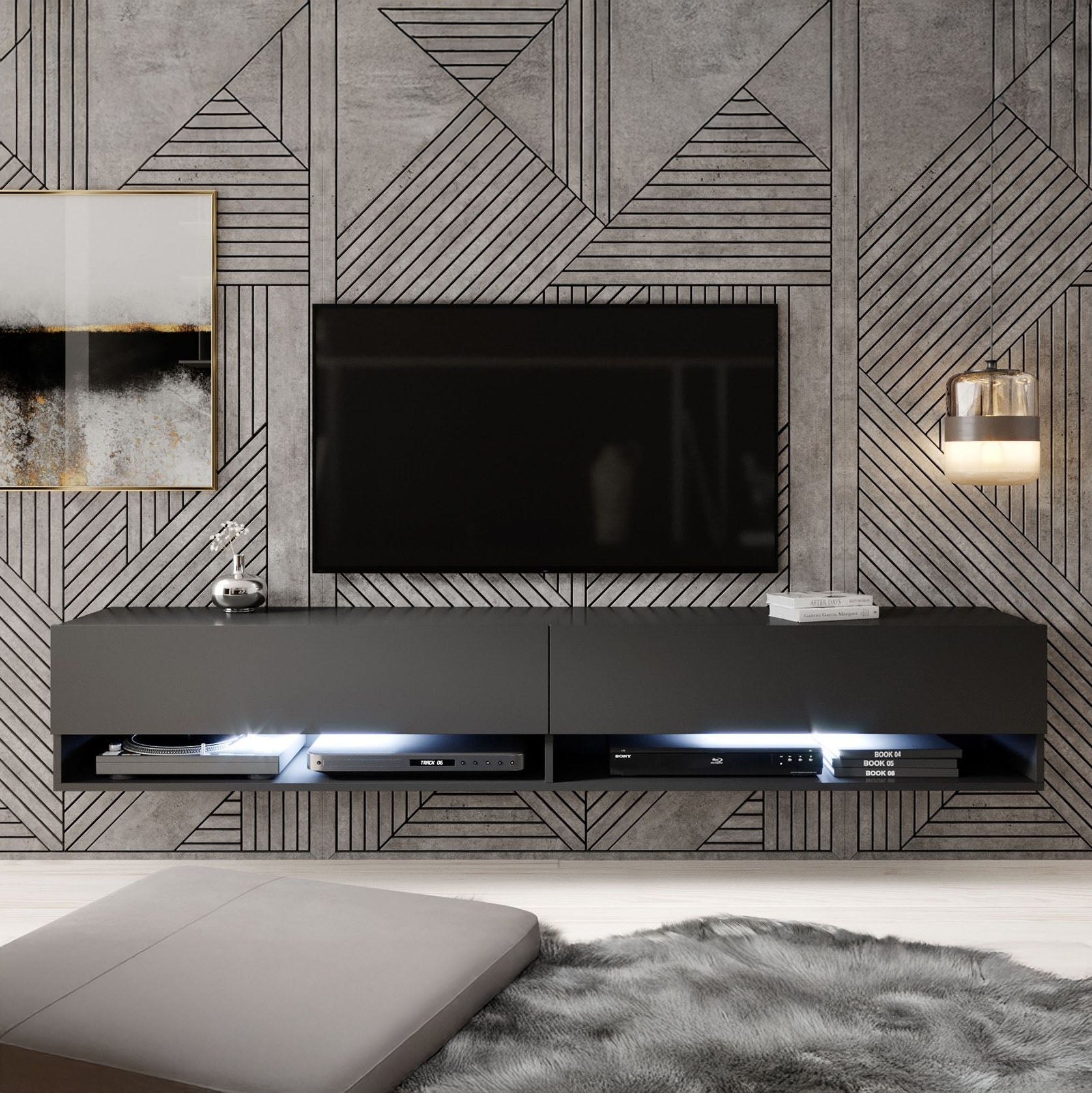 Asino - TV-Meubel met verlichting - Mat zwart - 180 cm