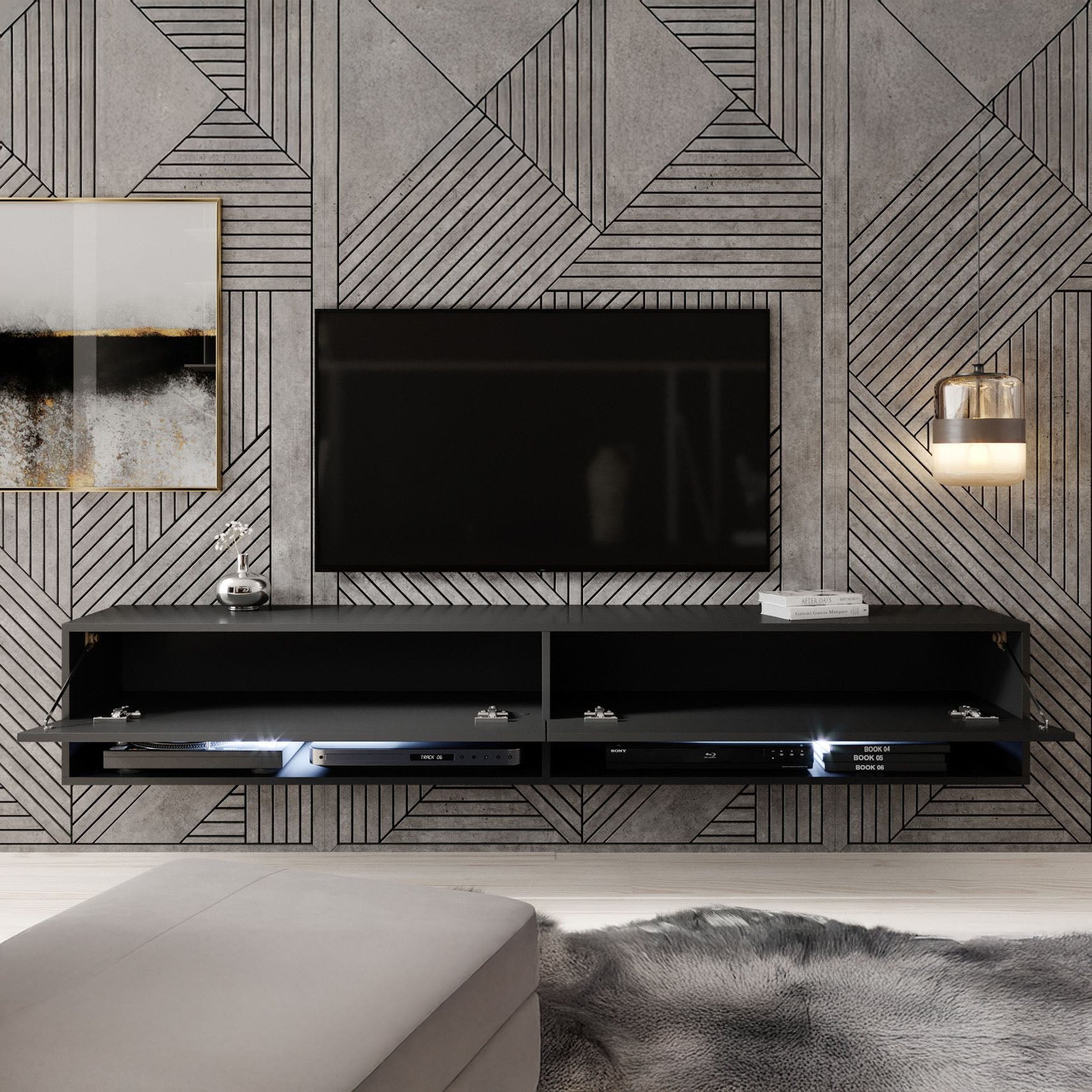Asino - TV-Meubel met verlichting - Mat zwart - 180 cm