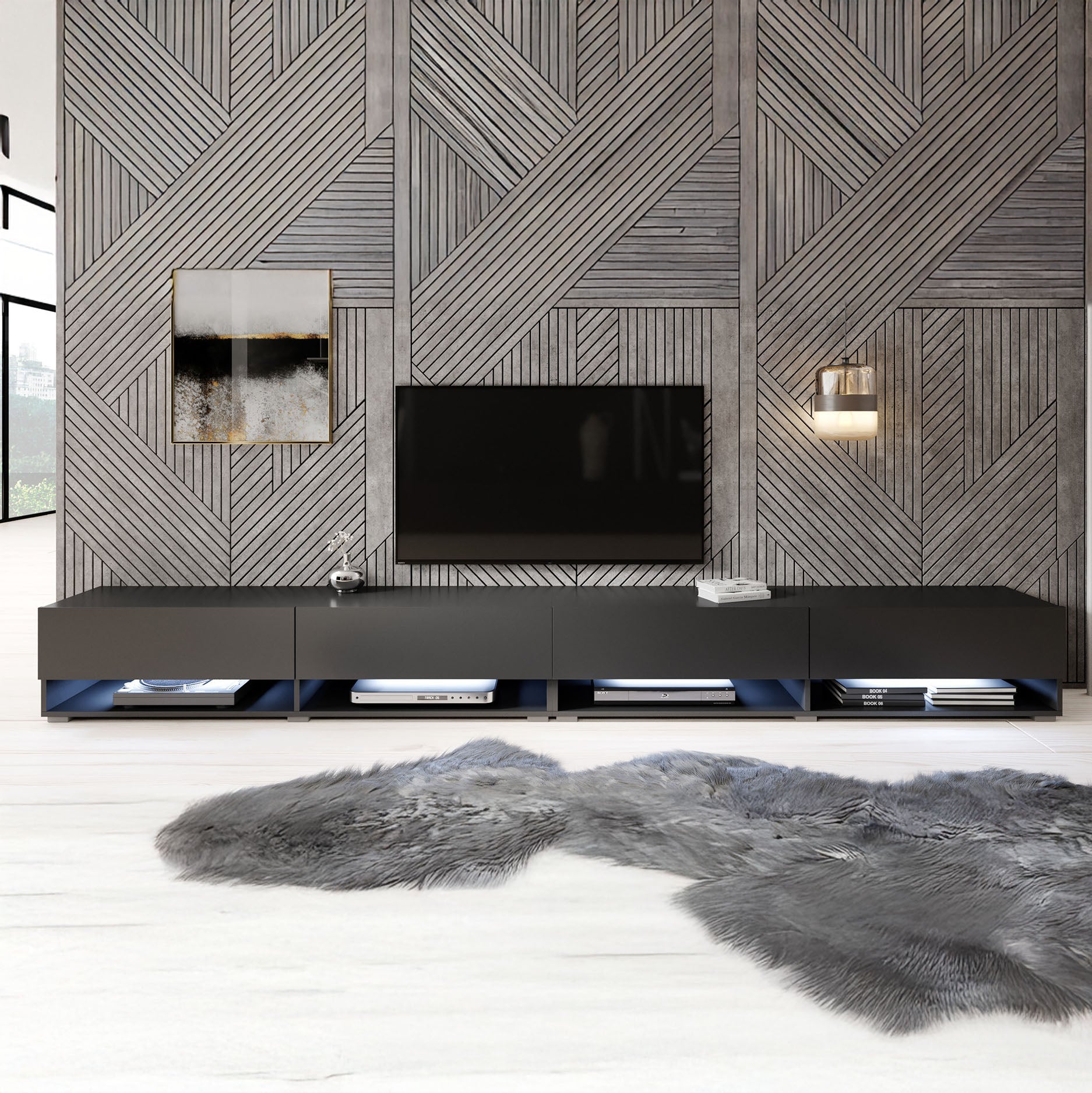 Asino - TV-Meubel met verlichting - Mat zwart - 280 cm