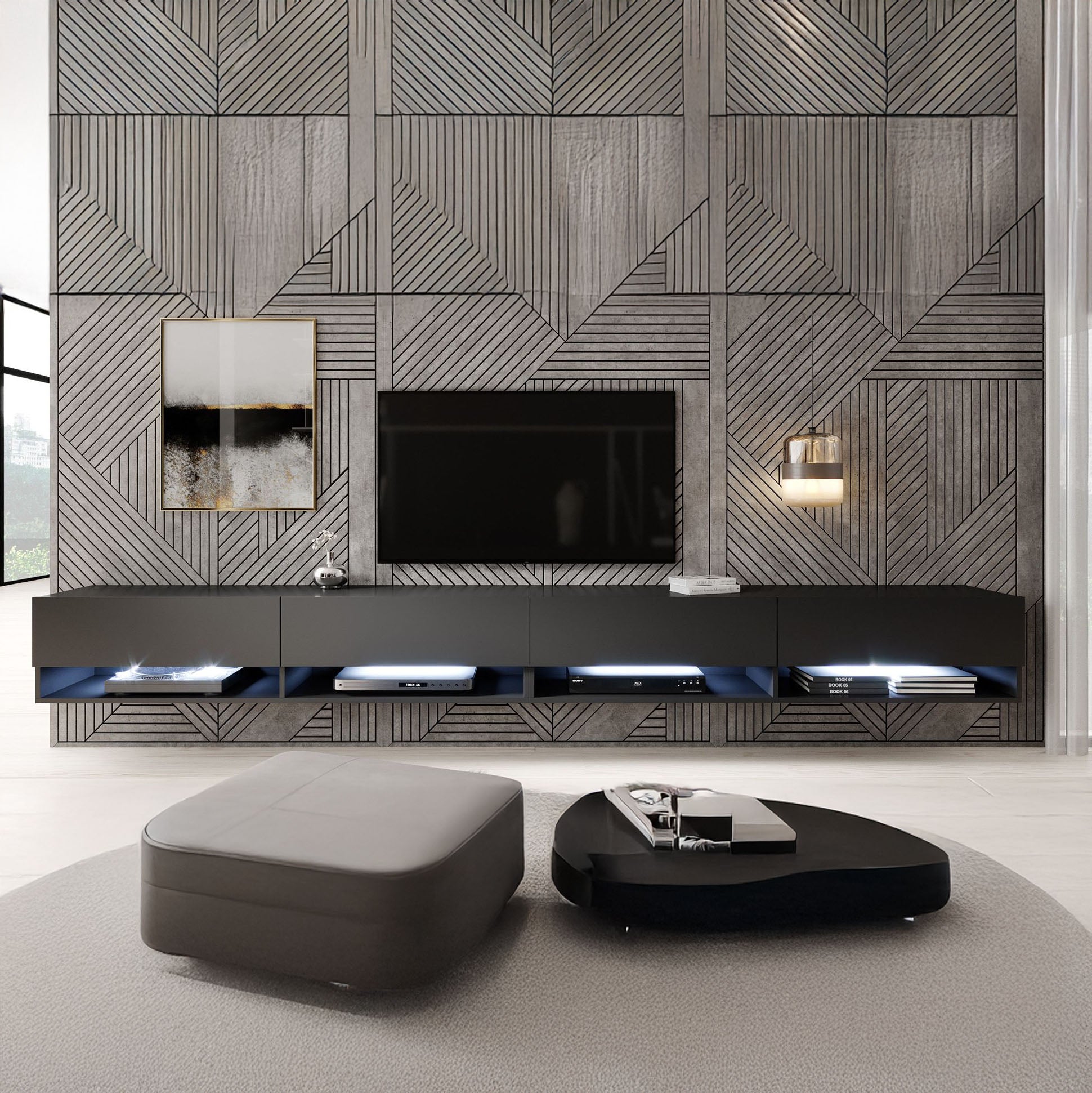 Asino - TV-Meubel met verlichting - Mat zwart - 280 cm