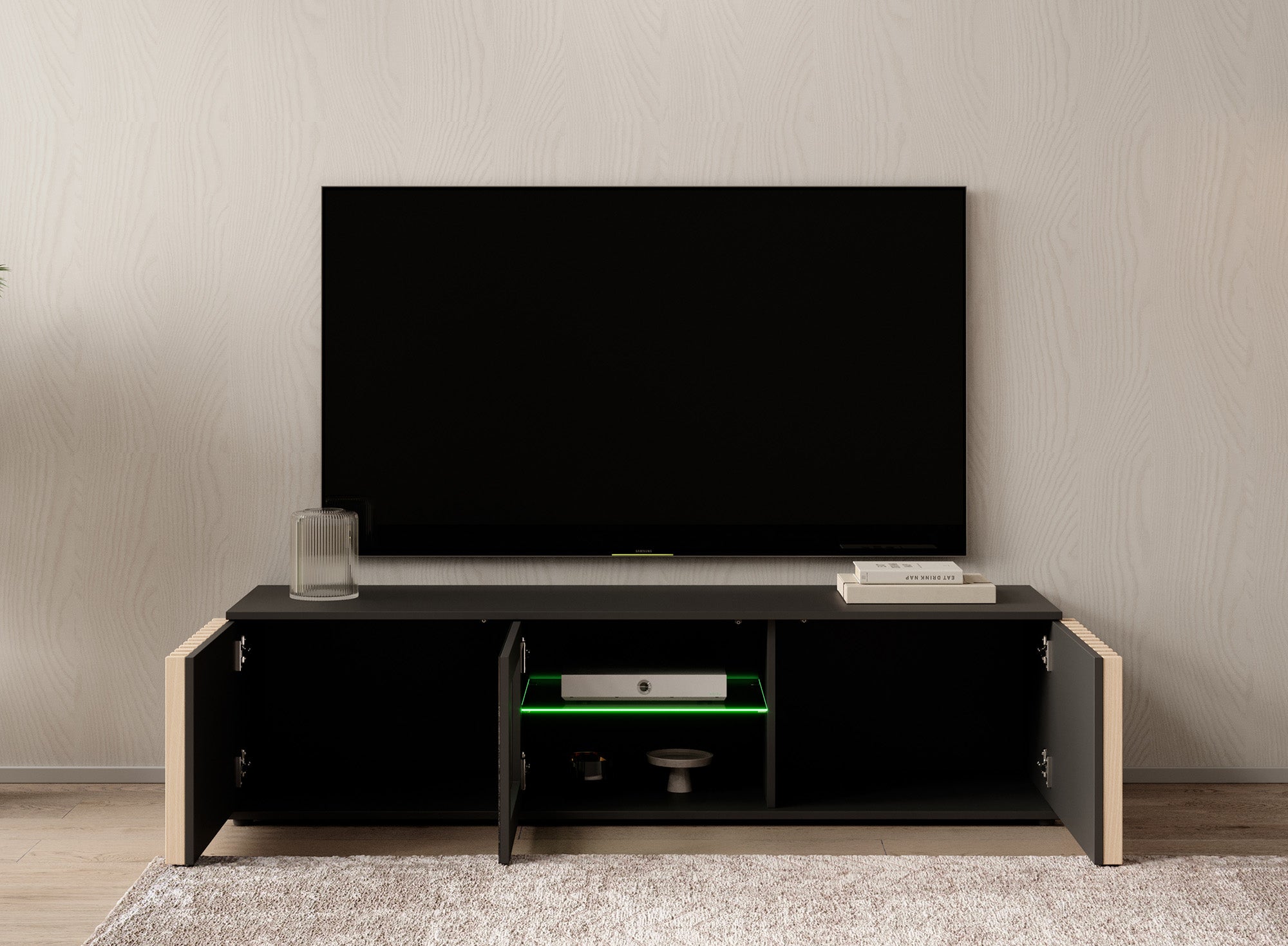 Corluka - TV-Meubel met 3 deuren - Zwart/eiken - 163 cm