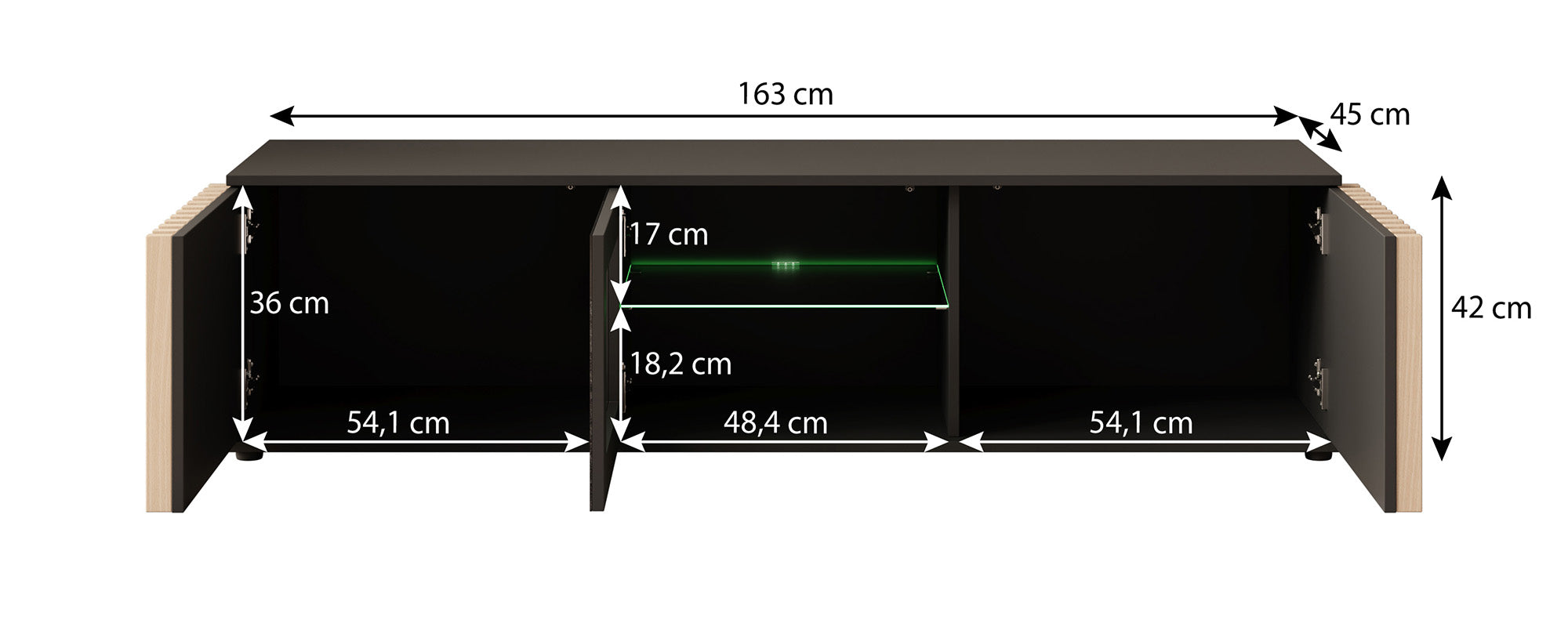 Corluka - TV-Meubel met 3 deuren - Zwart/eiken - 163 cm