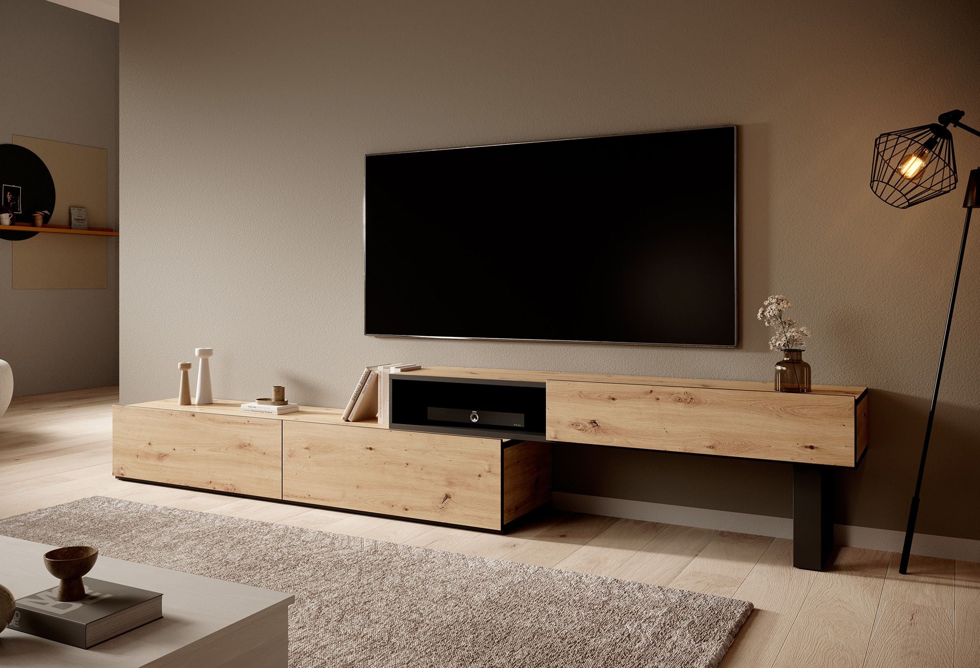 Kandelo - TV-Meubel met 2 deuren - Eiken/zwart - 300 cm