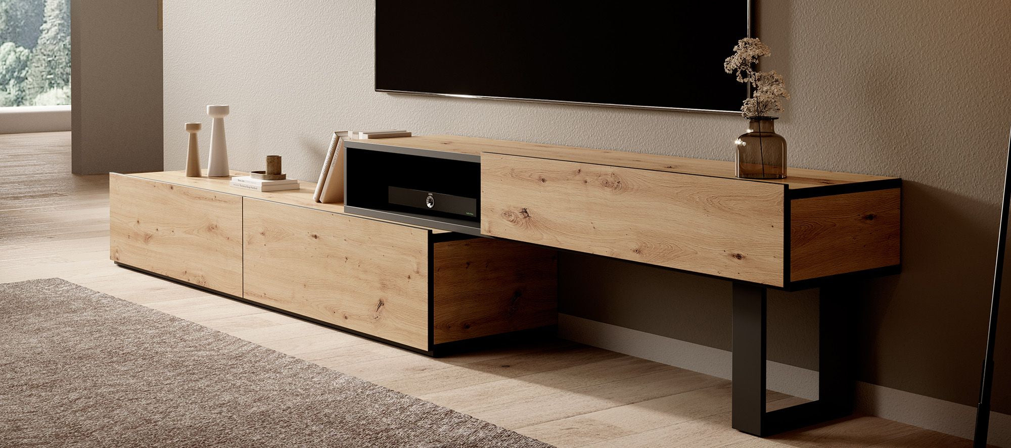 Kandelo - TV-Meubel met 2 deuren - Eiken/zwart - 300 cm