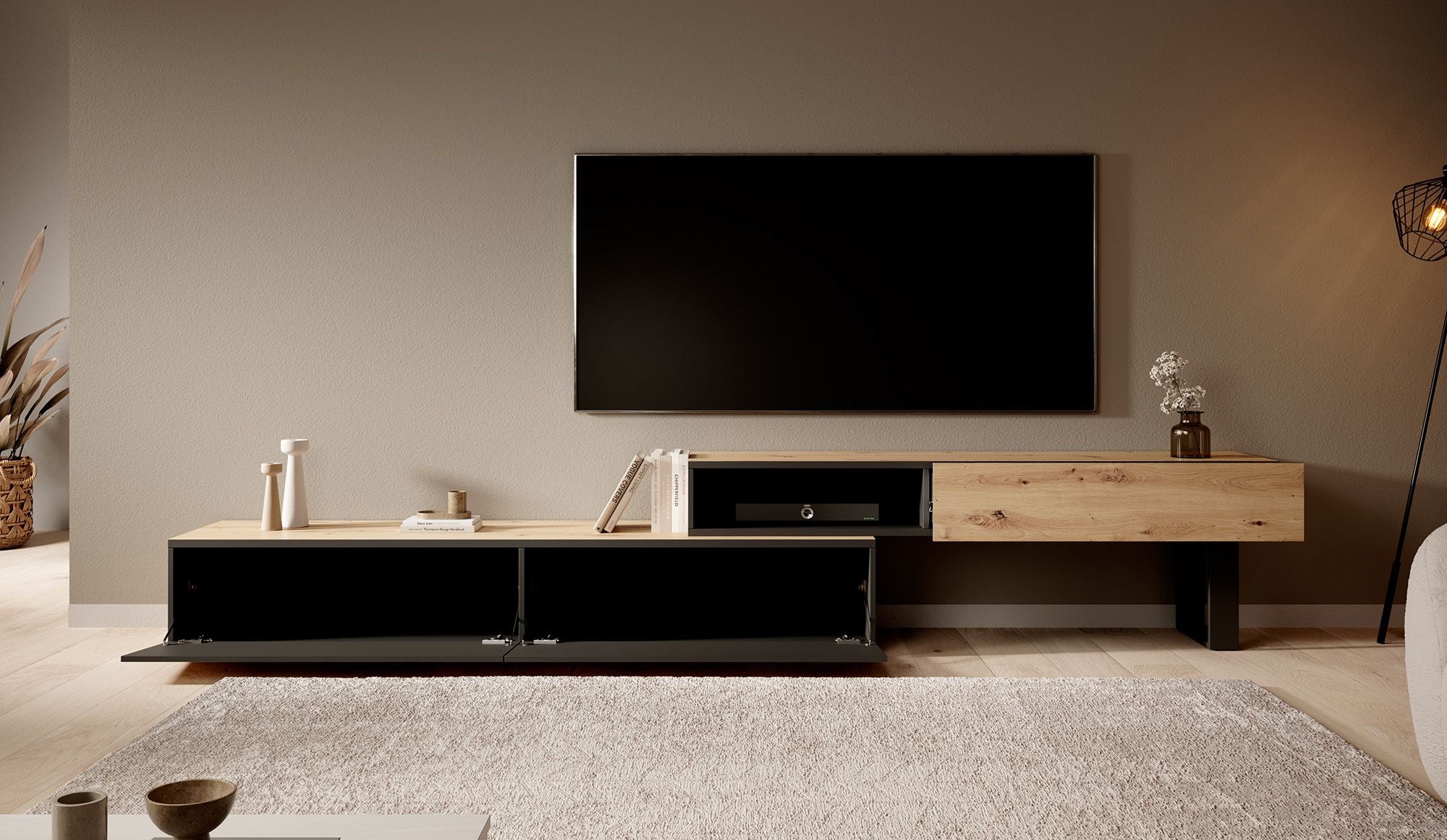 Kandelo - TV-Meubel met 2 deuren - Eiken/zwart - 300 cm