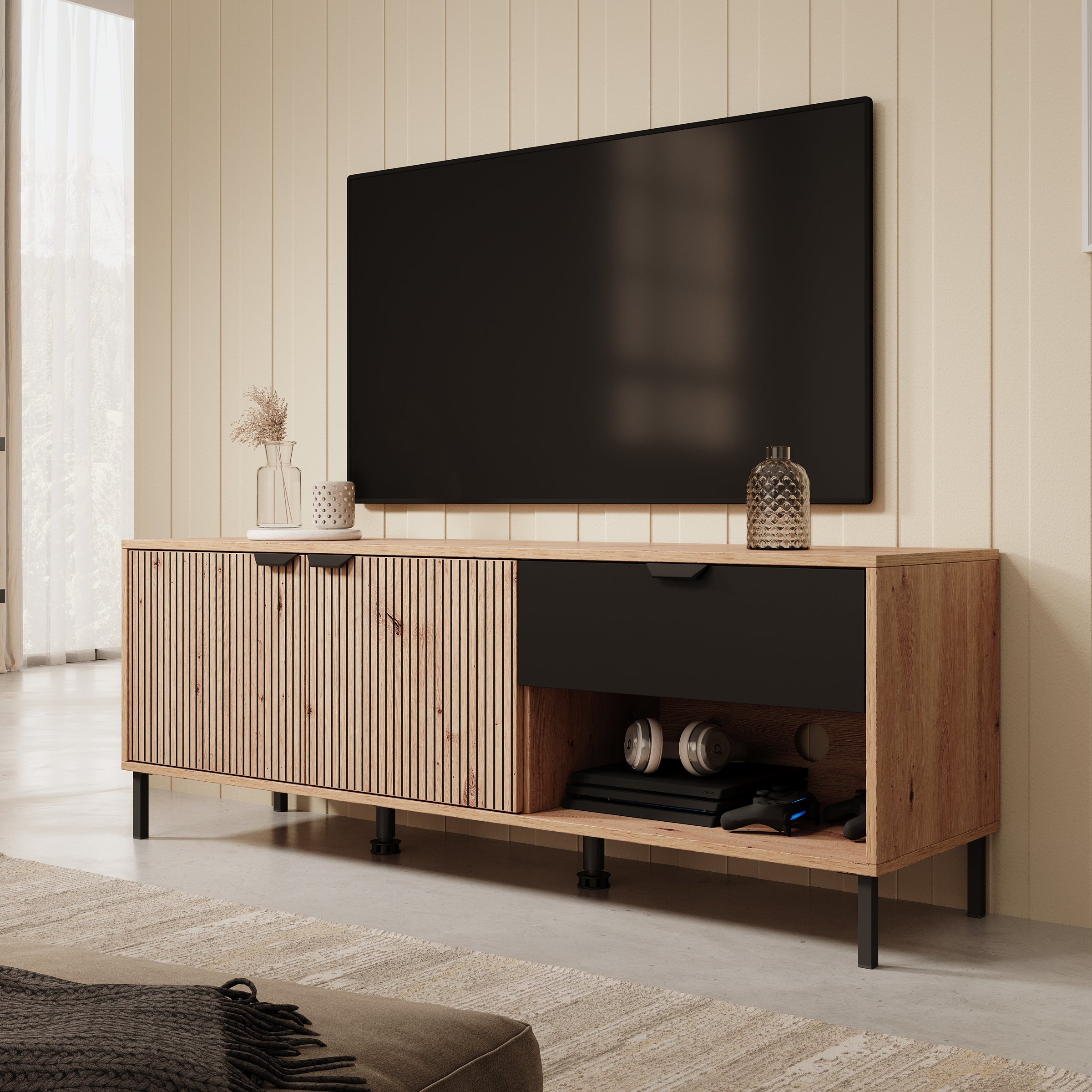 Buffet 2 deuren 3 laden eiken en antracietgrijs decor Austin - L203,80 cm Buffet 2 deuren 3 laden eiken en antracietgrijs decor Austin - L203,80 cm