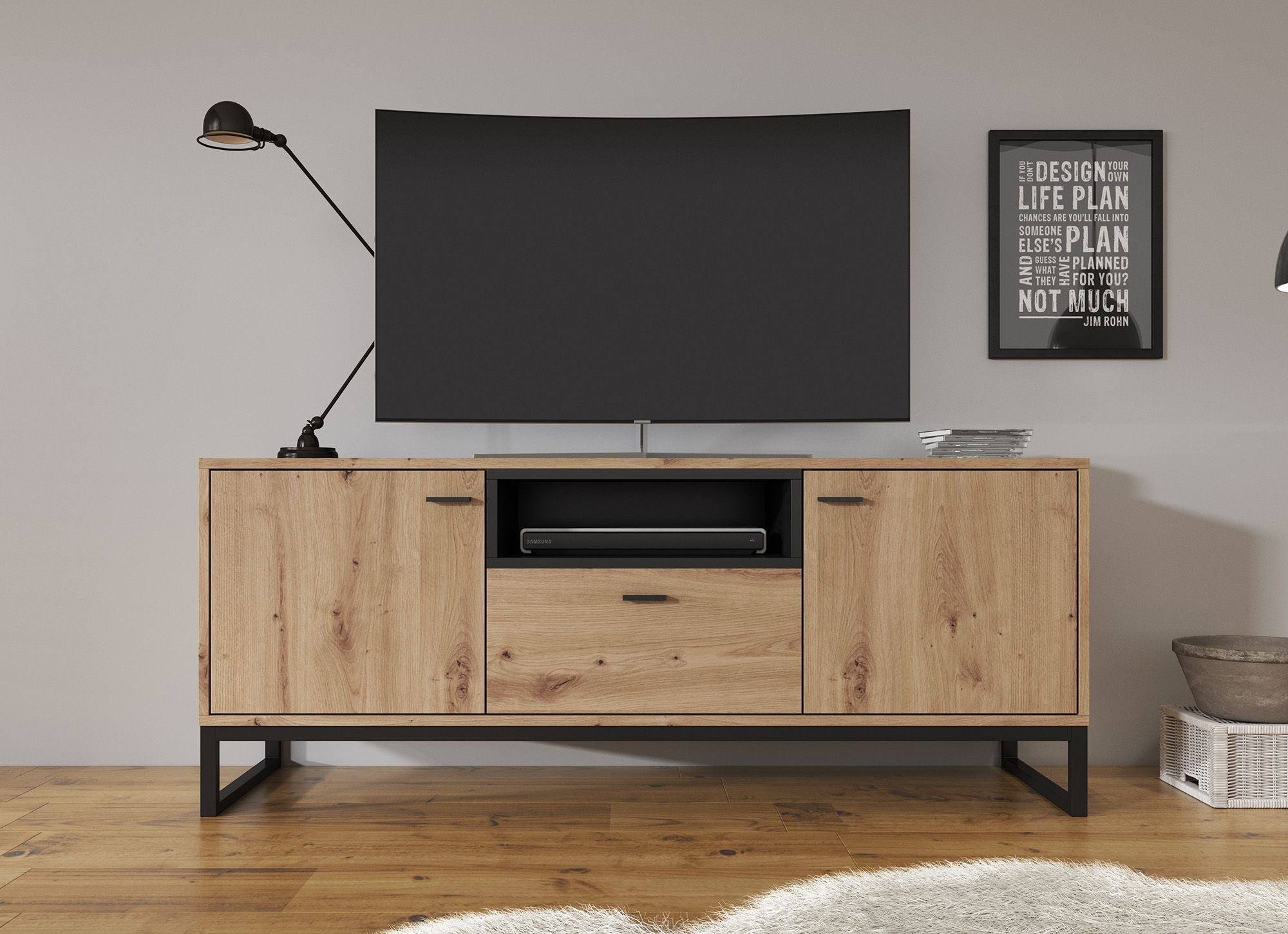 Ozzy - TV-Meubel met 2 deuren - Eiken/zwart - 135 cm
