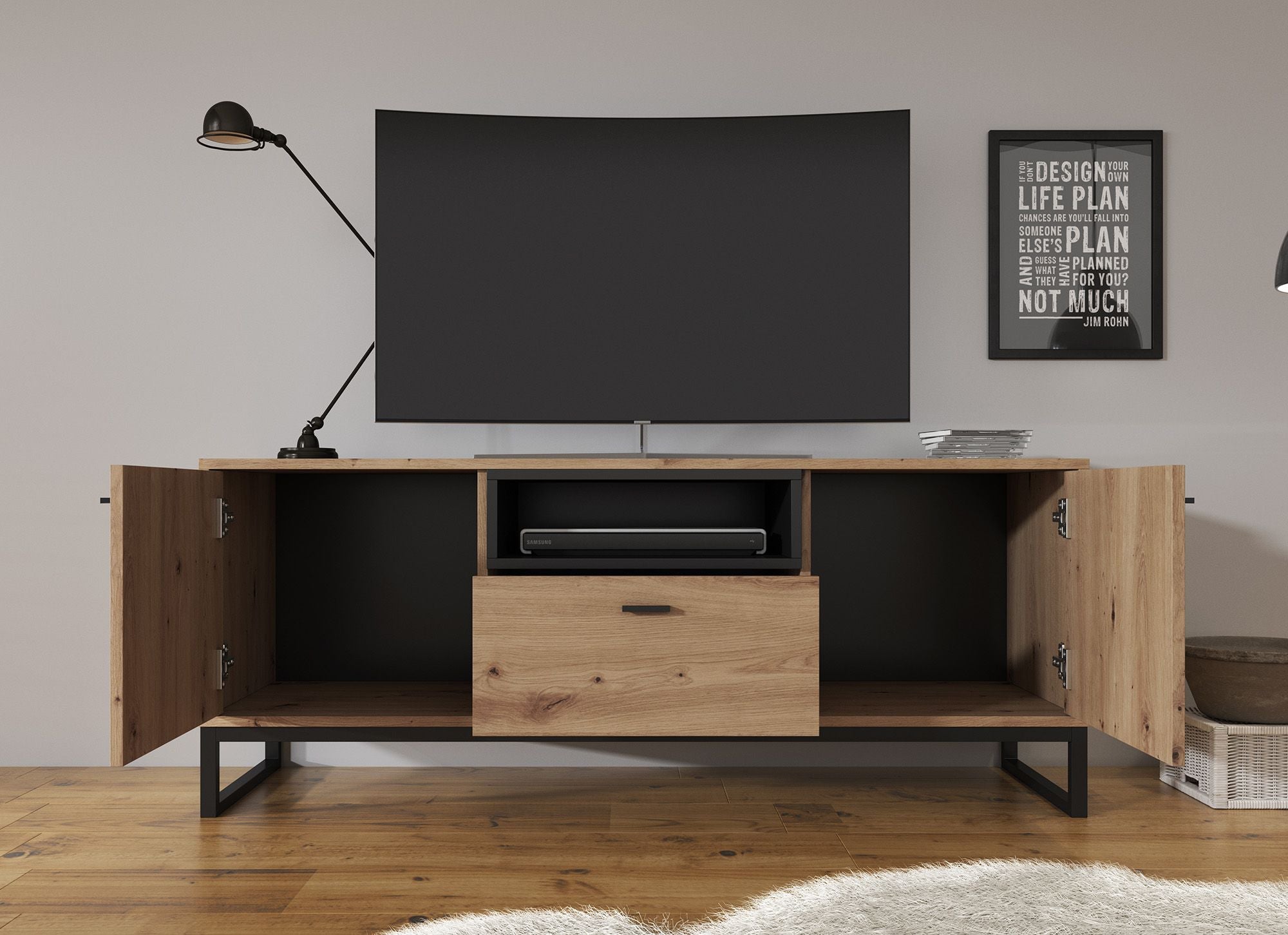 Ozzy - TV-Meubel met 2 deuren - Eiken/zwart - 135 cm