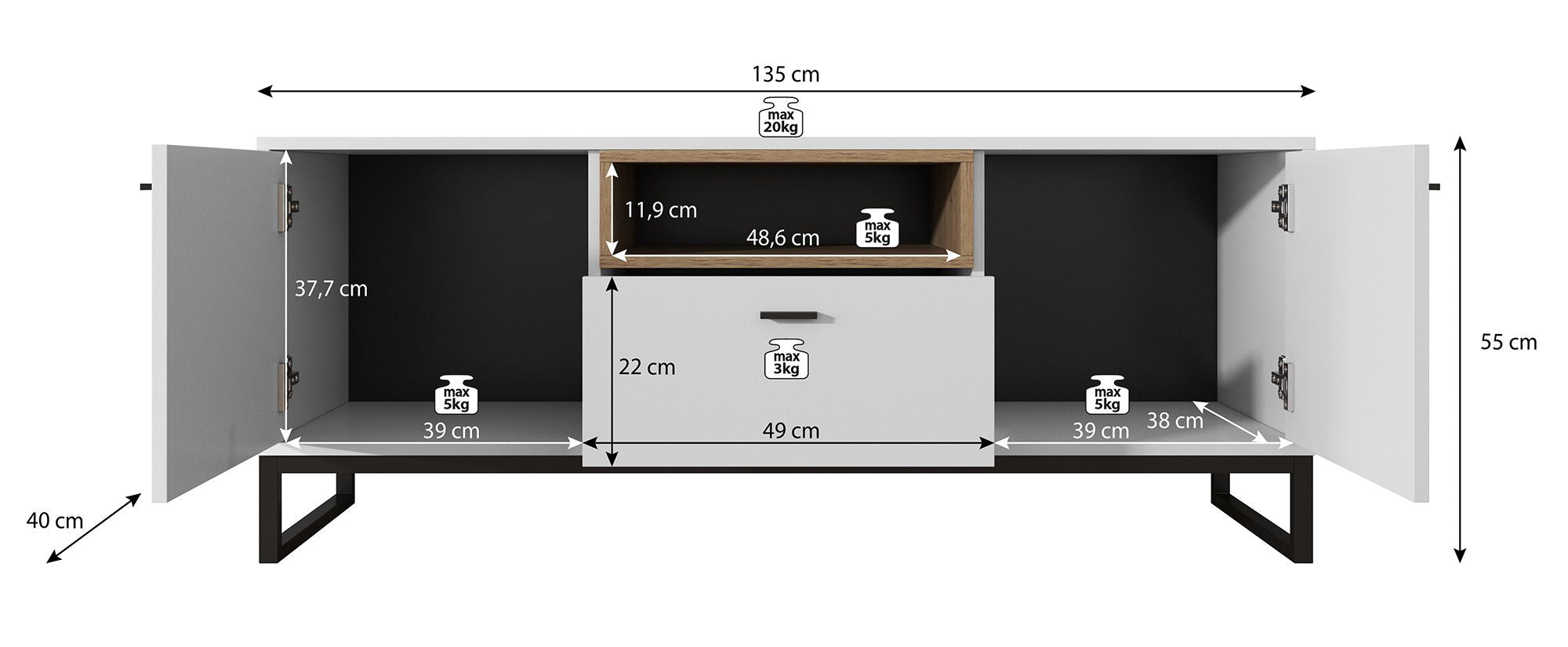 Ozzy - TV-Meubel met 2 deuren - Eiken/zwart - 135 cm