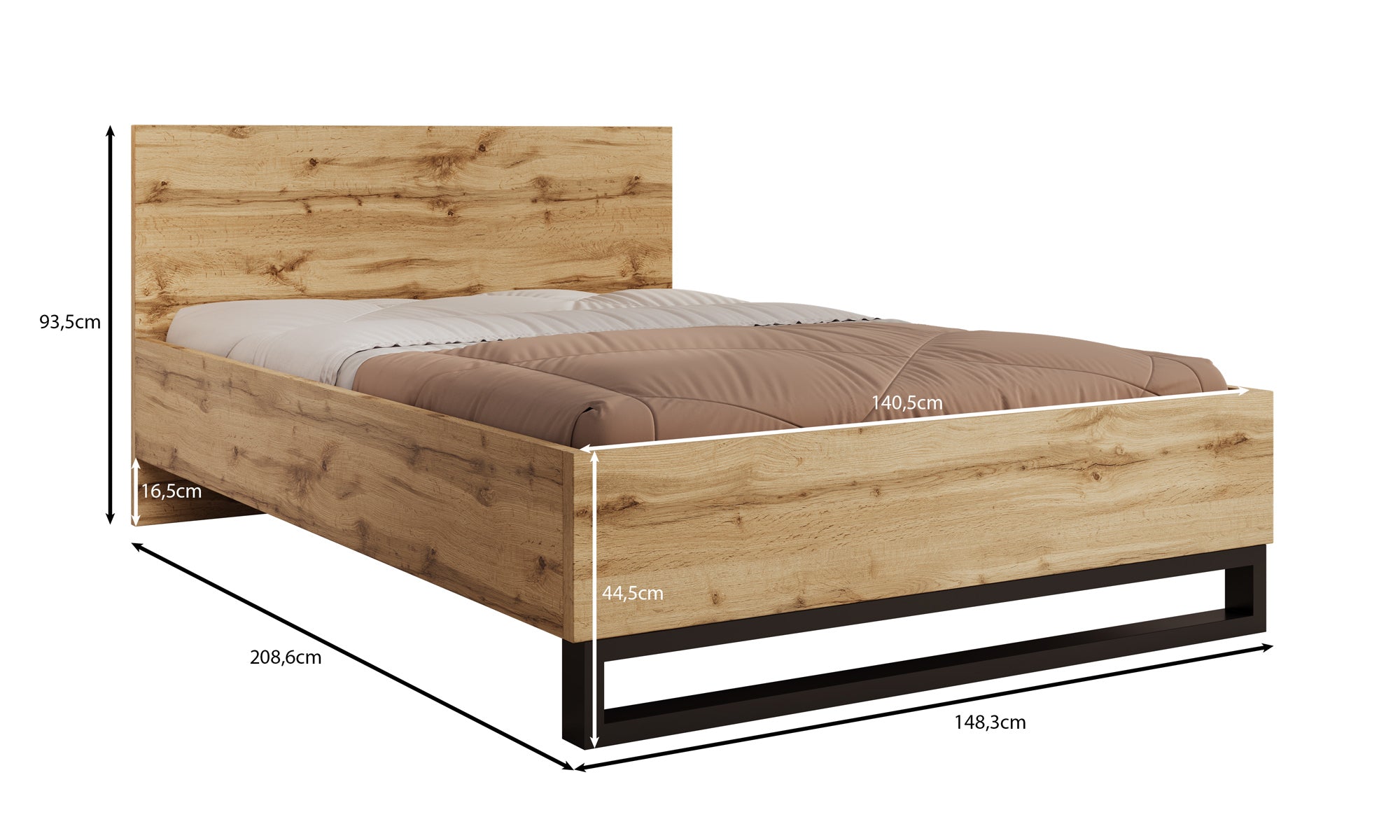 Harlow - Tweepersoonsbed - Eiken - 140x200 cm