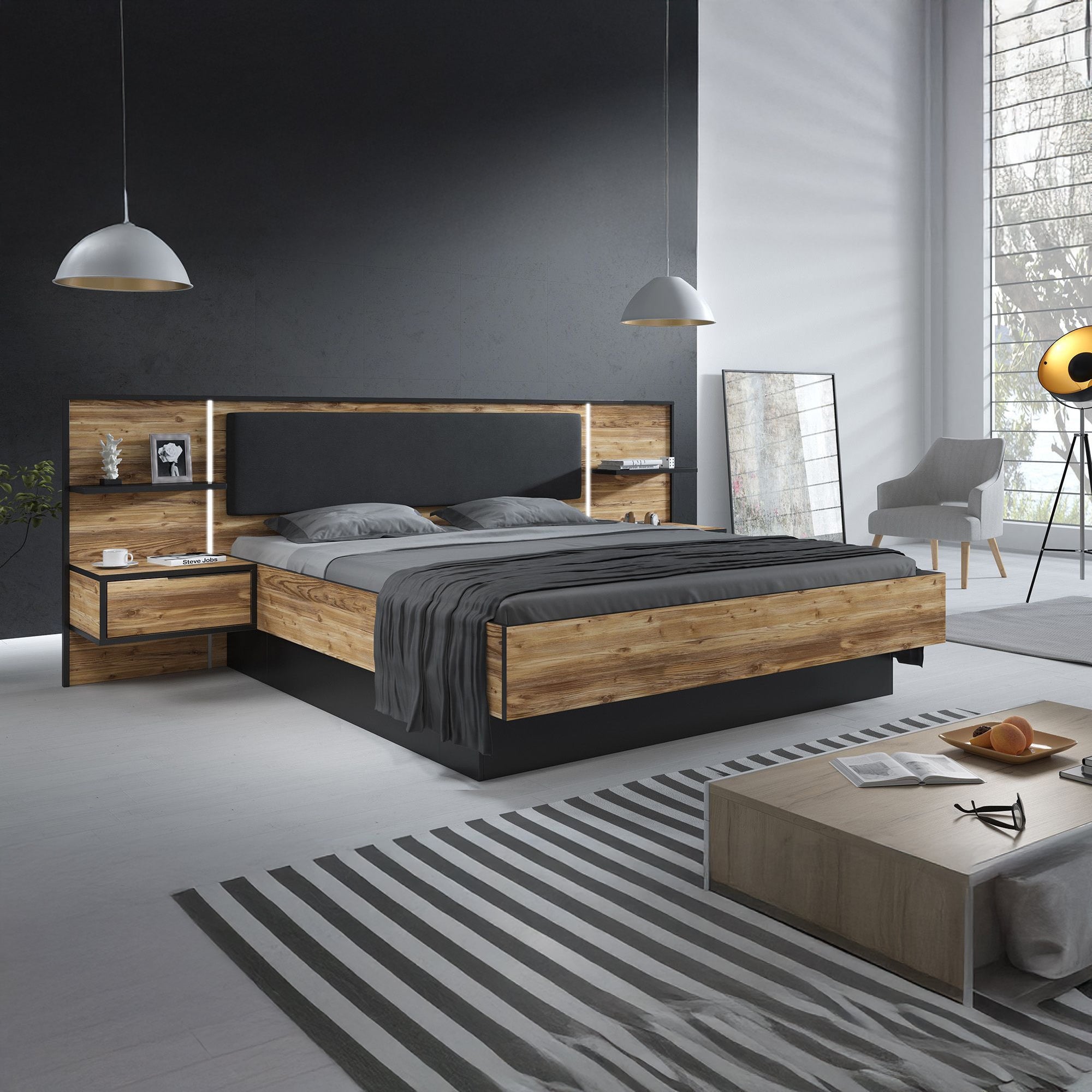 Jacob 2 - Slaapkamer - Zwart/Eiken - 180x200 cm - Groot