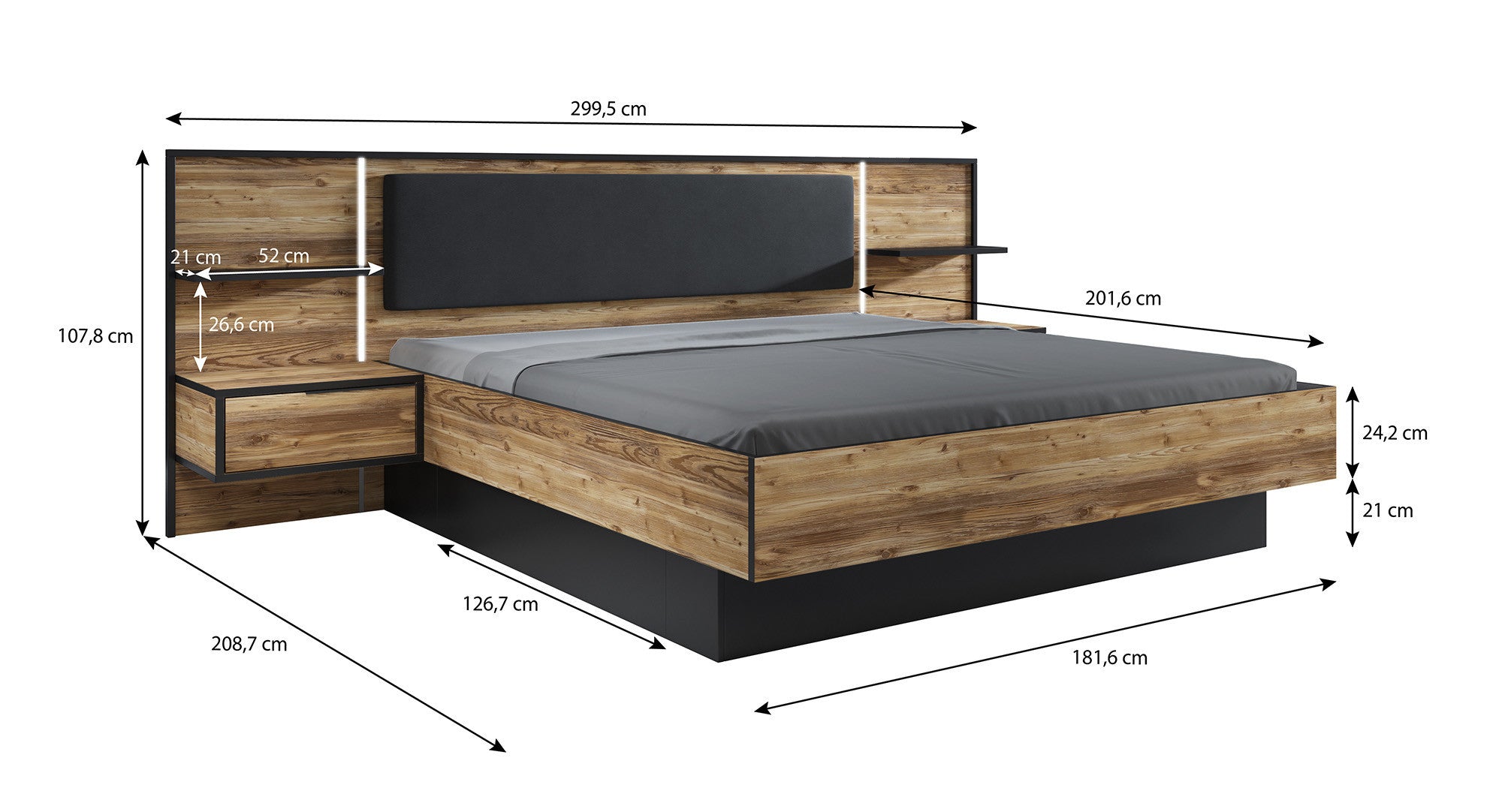 Jacob 2 - Slaapkamer - Zwart/Eiken - 180x200 cm - Groot
