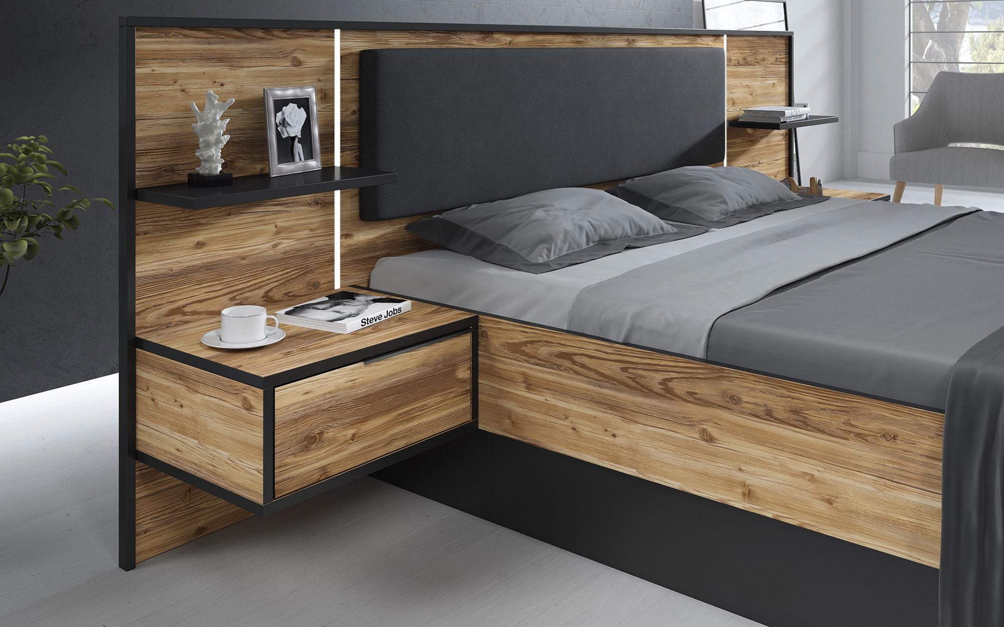 Jacob - Tweepersoonsbed met nachtkastjes - Zwart/Eiken - 180x200 cm