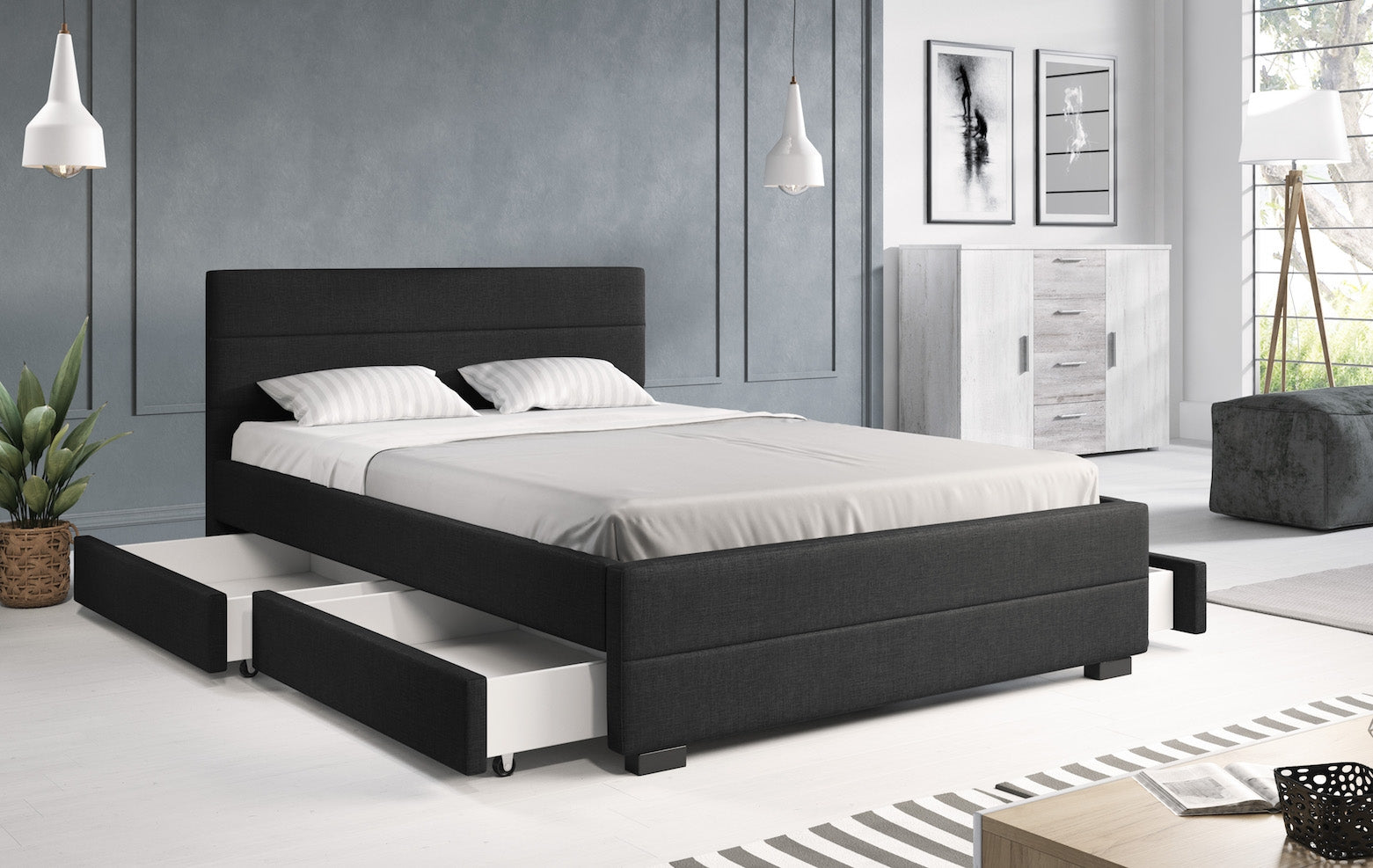 Loox - Tweepersoonsbed met 4 lades - Stof zwart - 140x200 cm