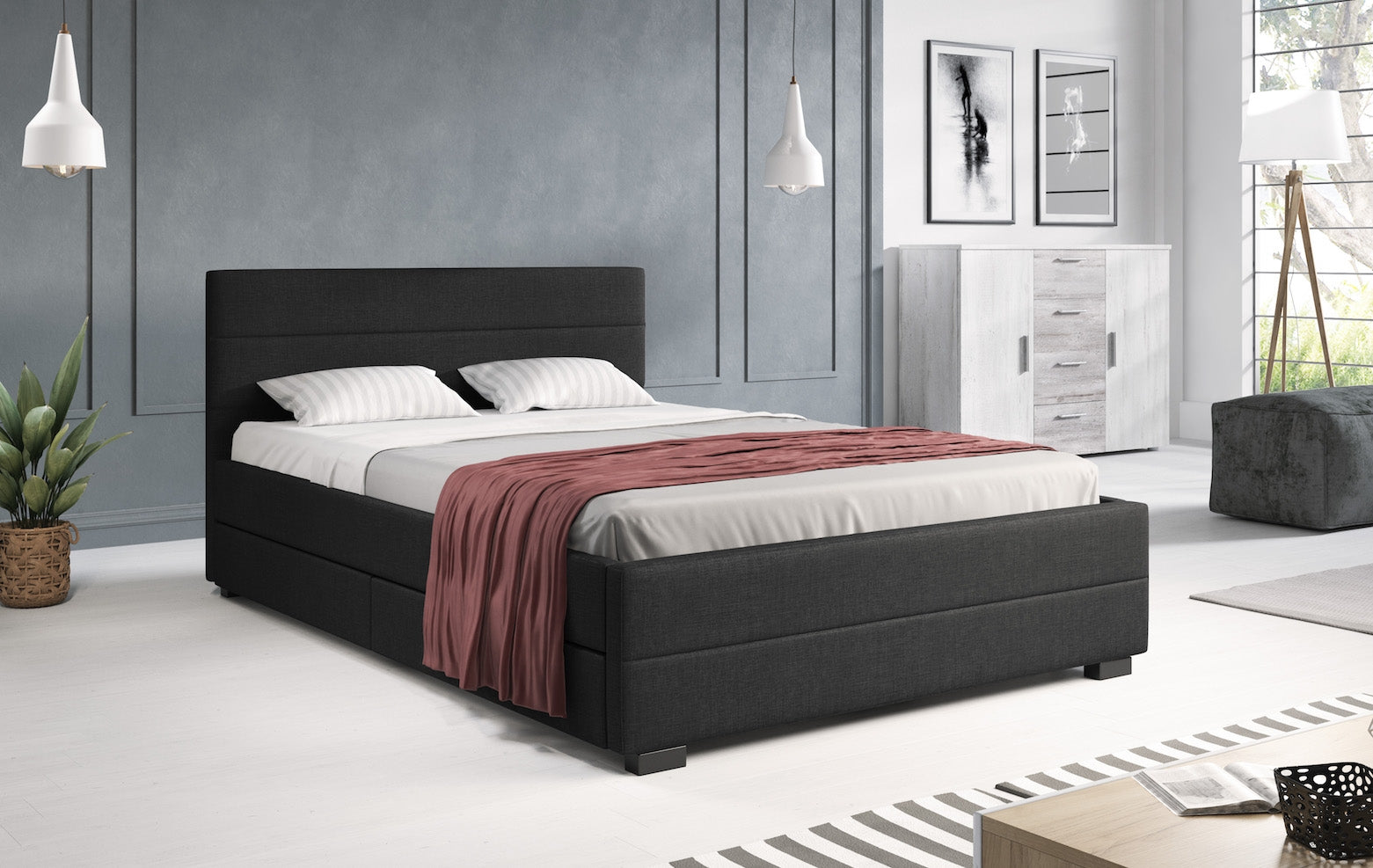 Loox - Tweepersoonsbed met 4 lades - Stof zwart - 140x200 cm