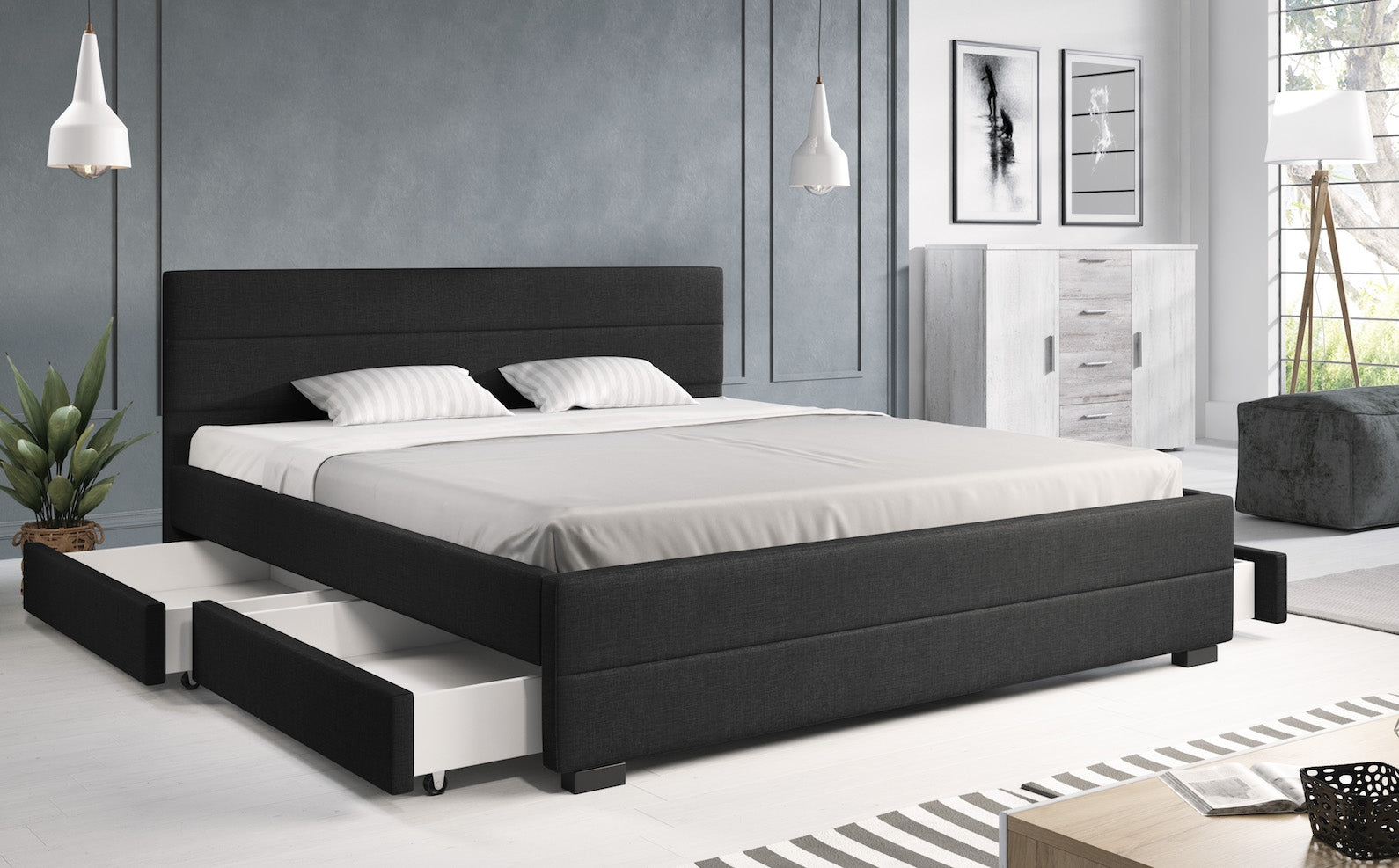 Loox - Tweepersoonsbed met 4 lades - Stof zwart - 180x200 cm