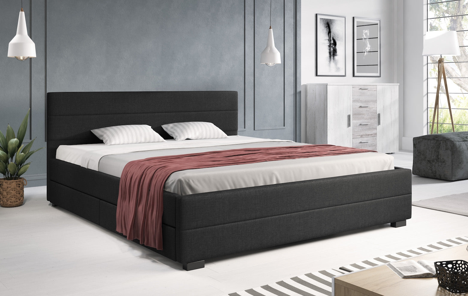 Loox - Tweepersoonsbed met 4 lades - Stof zwart - 180x200 cm