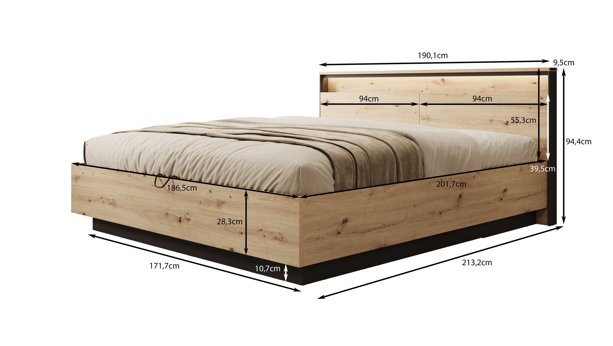 Quarry - Tweepersoonsbed met opbergruimte - Eiken - 180x200 cm