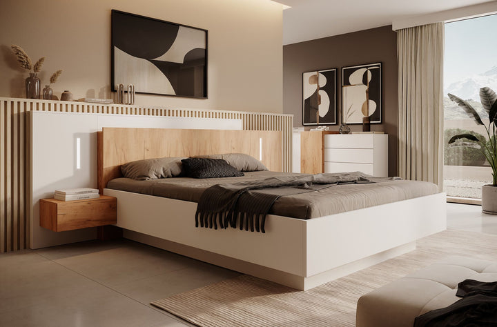 Three - Tweepersoonsbed met nachtkastjes - Wit/Eiken - 160x200 cm