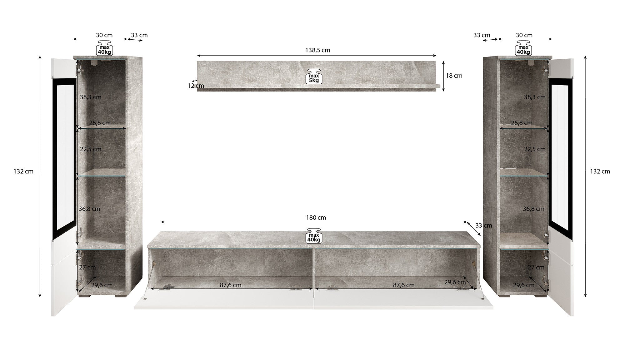 Variety - Wandmeubel - Wit/betonlook - 180x33x32 cm
