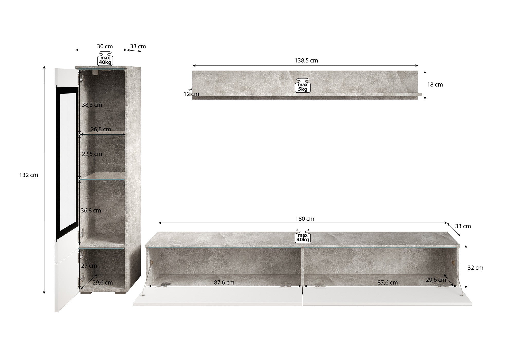 Verity - Wandmeubel - Wit/betonlook - 180x33x32 cm