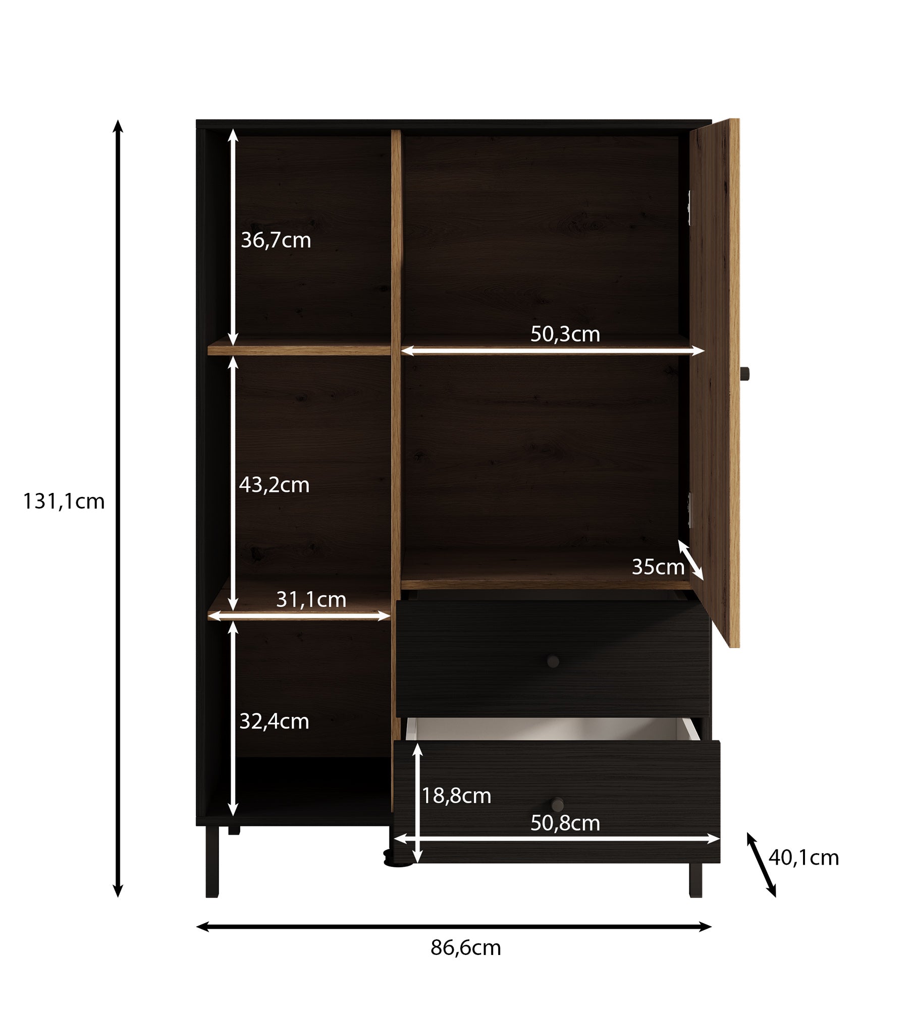 Charles 1 - Vitrinekast - Zwart - 87x40x131 cm