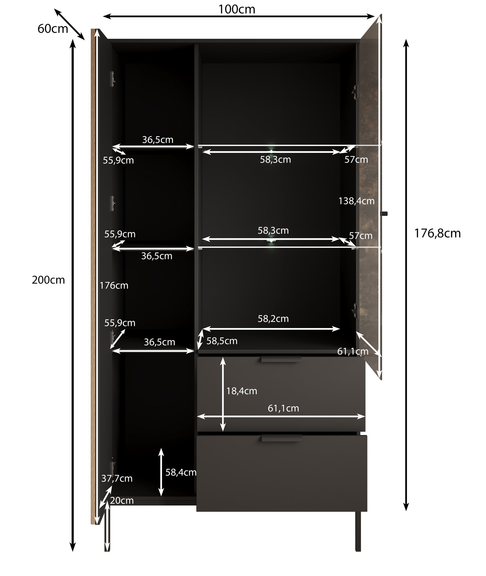 Marbella - Vitrinekast - Zwart - 100x60x200 cm