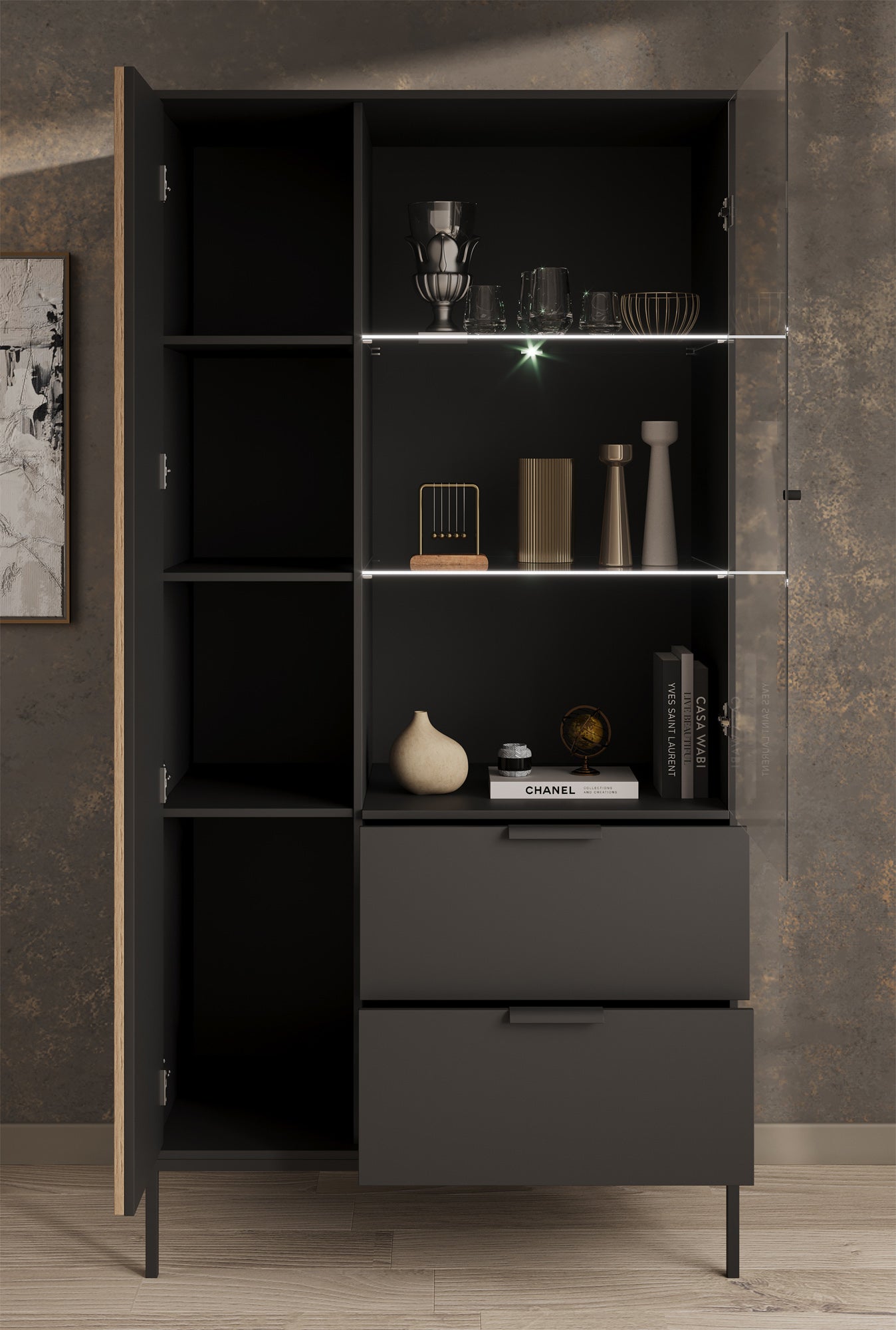 Marbella - Vitrinekast - Zwart - 100x60x200 cm
