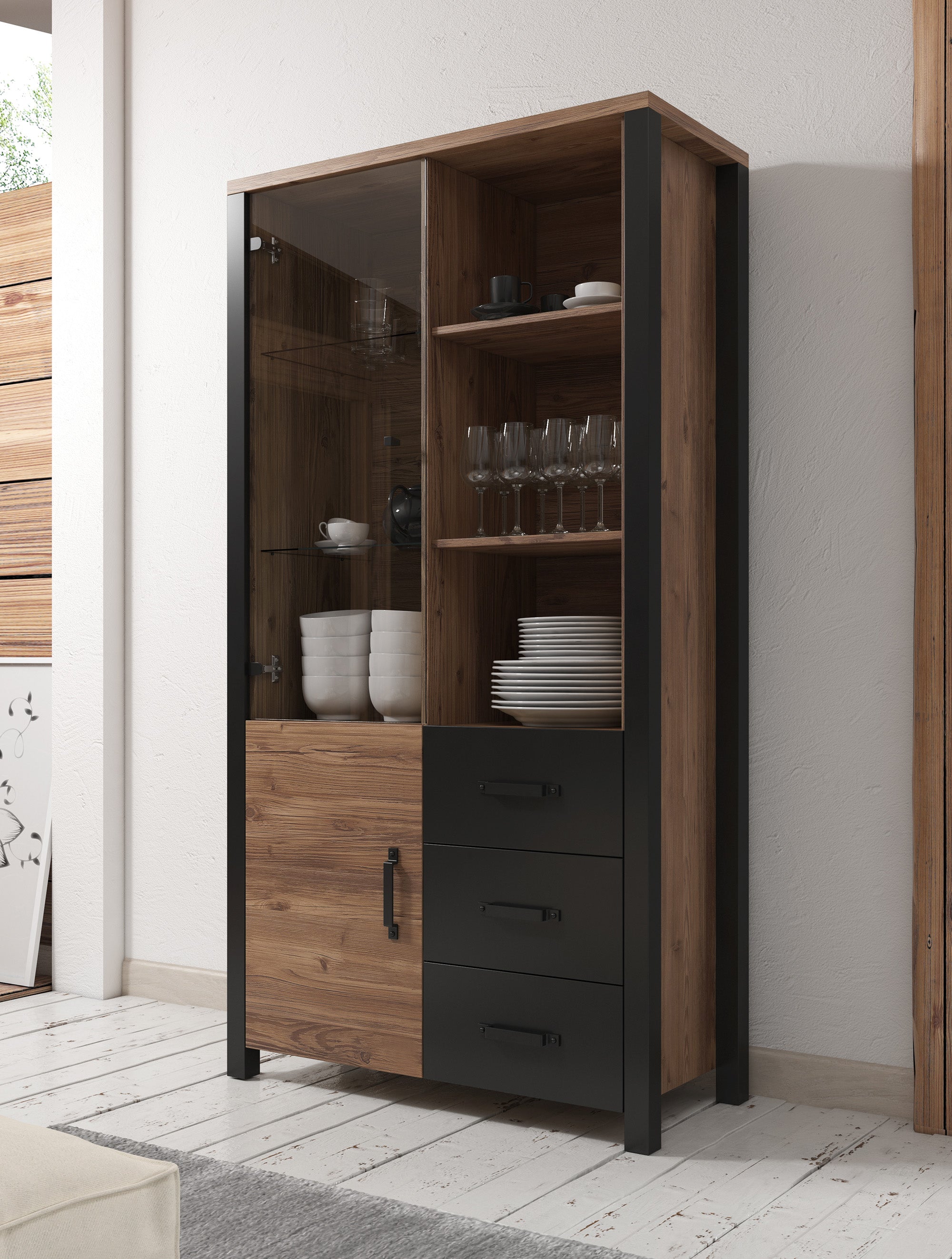 Olivia - Vitrinekast - Zwart/eiken - 101x43x191 cm