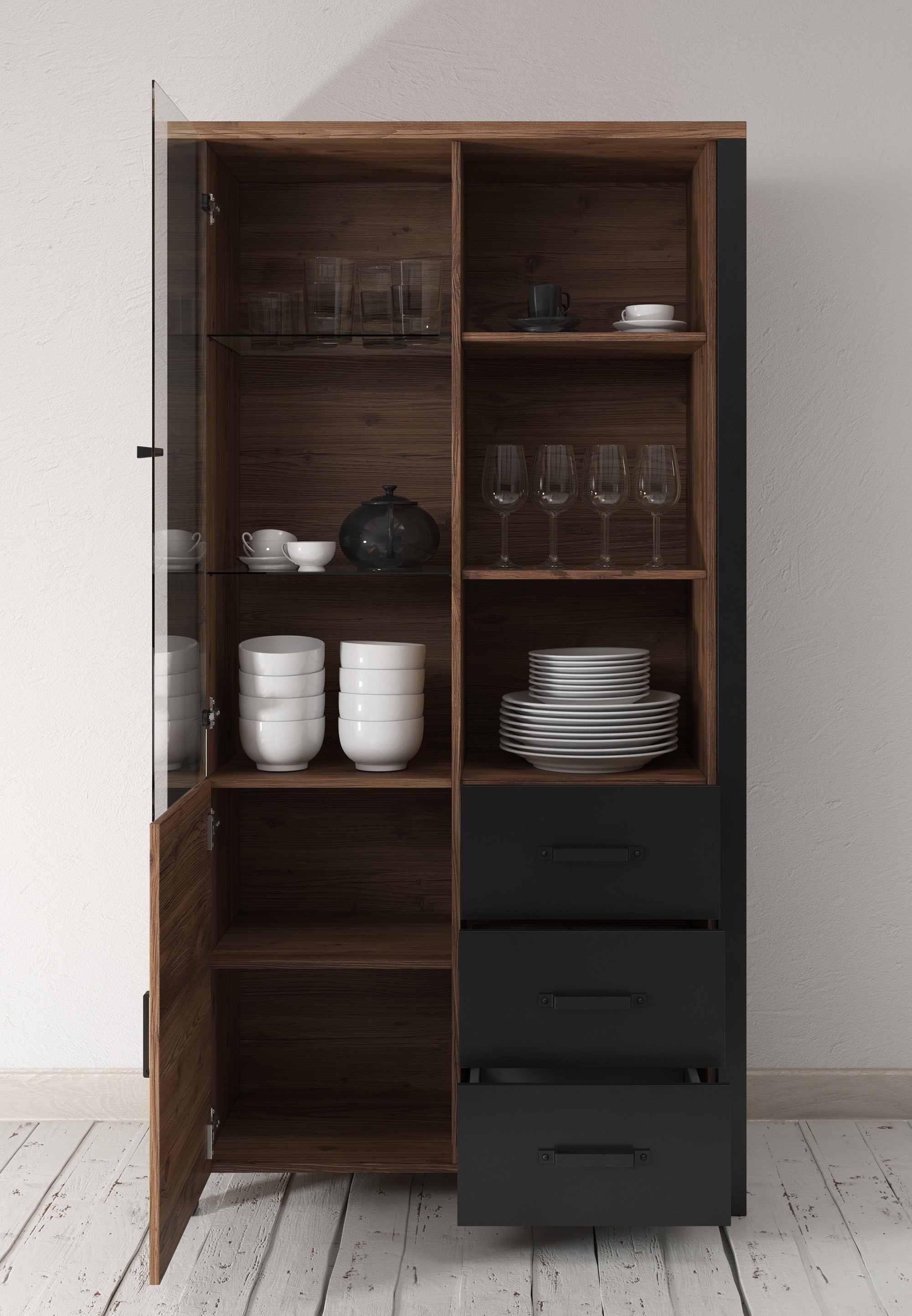 Olivia - Vitrinekast - Zwart/eiken - 101x43x191 cm