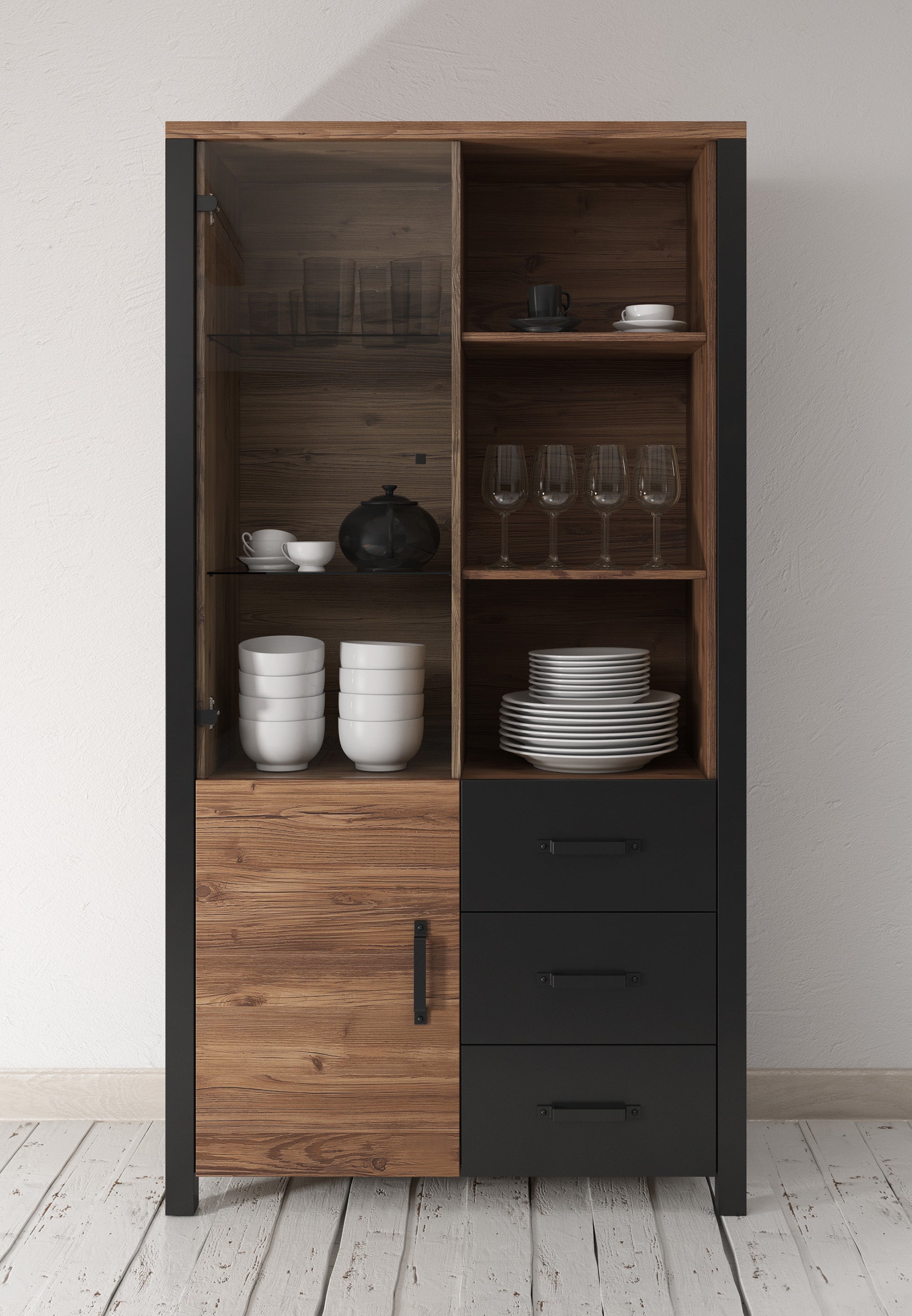Olivia - Vitrinekast - Zwart/eiken - 101x43x191 cm