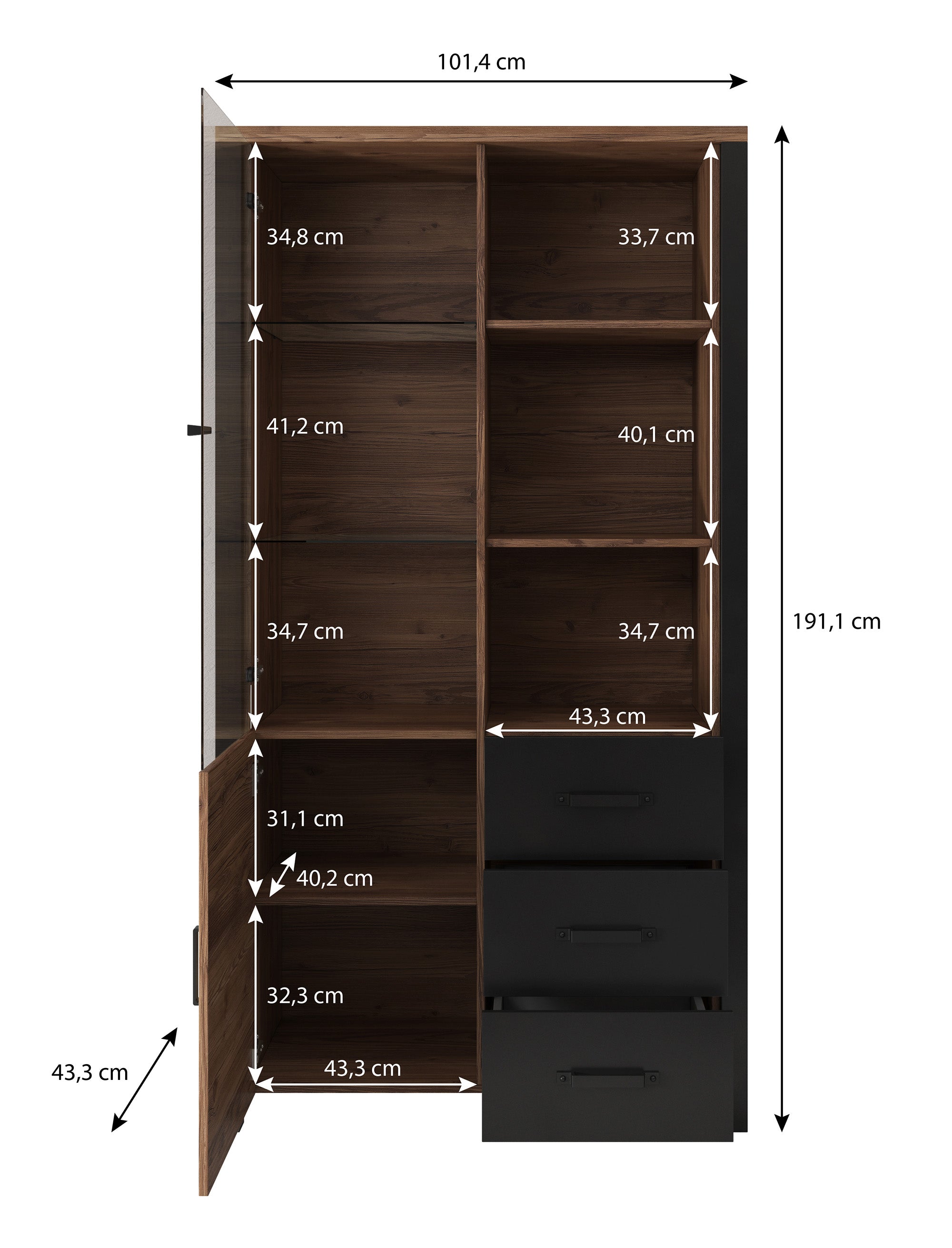 Olivia - Vitrinekast - Zwart/eiken - 101x43x191 cm
