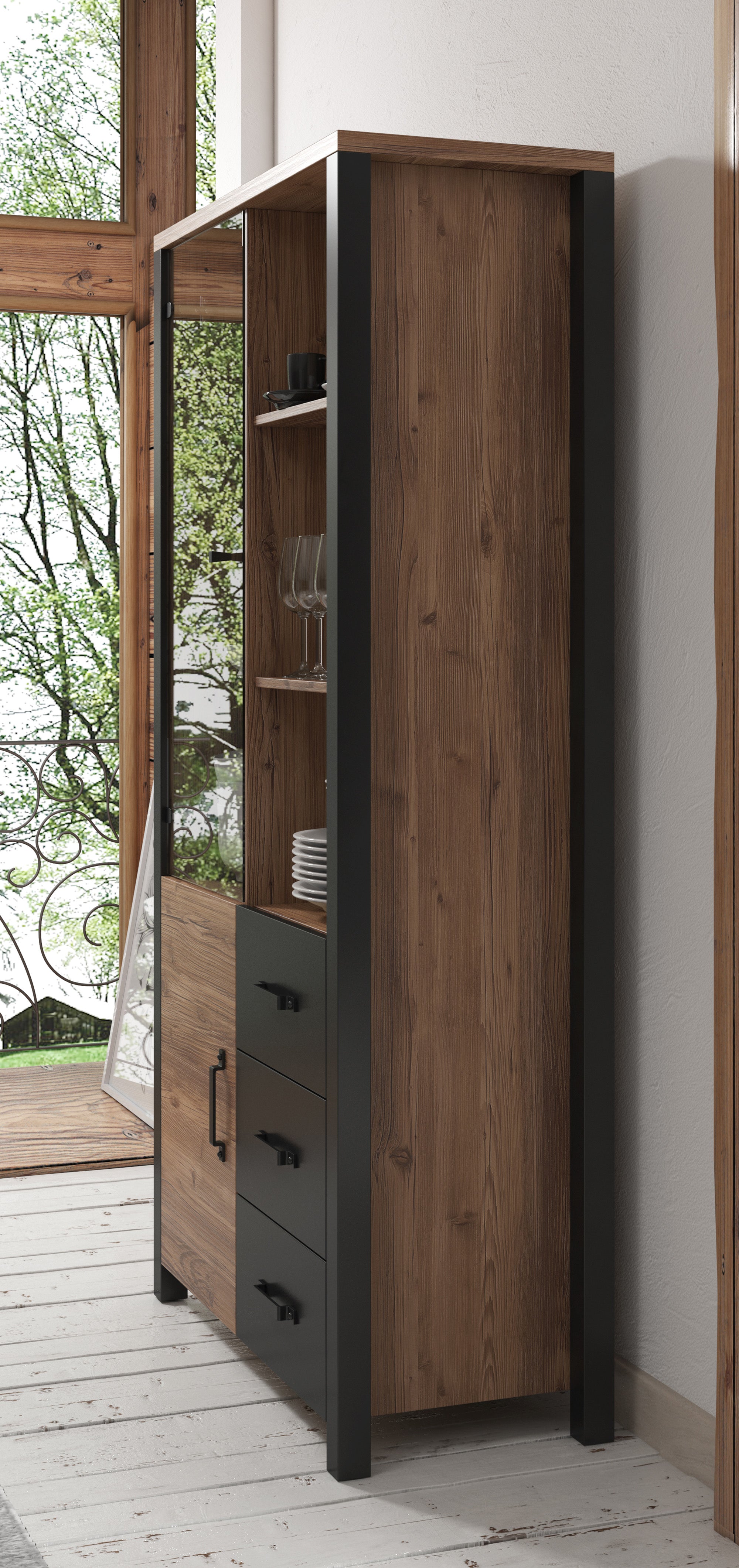 Olivia - Vitrinekast - Zwart/eiken - 101x43x191 cm