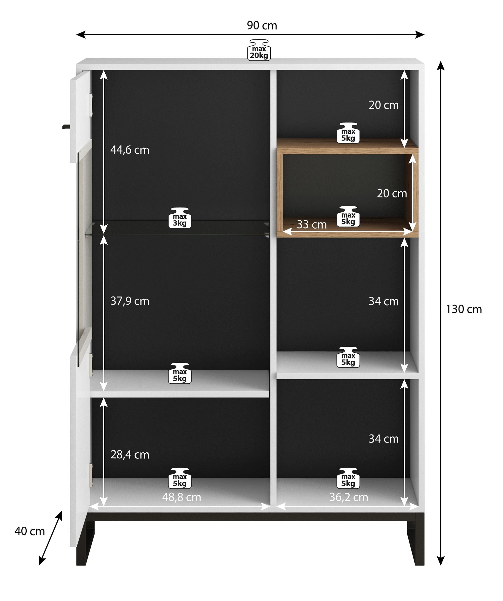 Ozzy - Vitrinekast - Eiken/zwart - 90x40x130 cm